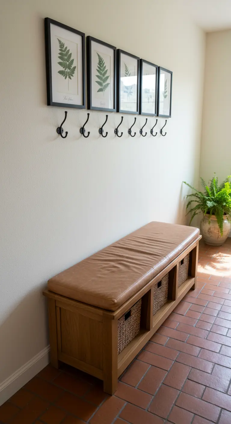 Panca in legno con cuscino marrone, stampe botaniche e ganci neri.