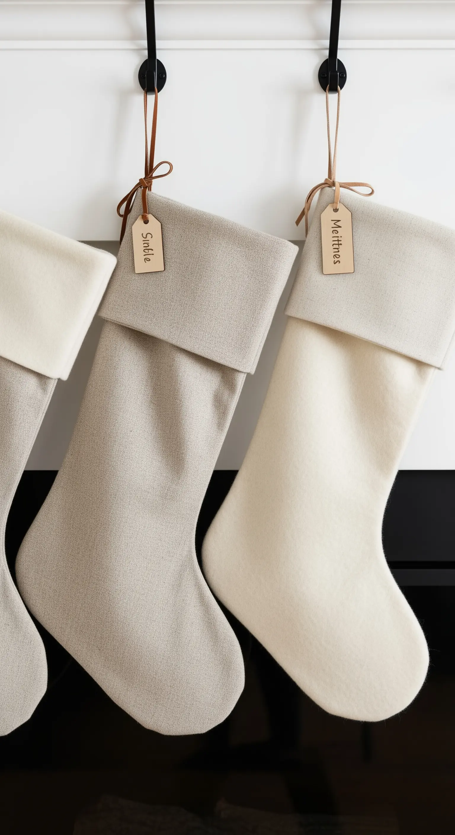 Calze di Natale in tessuto di lino grigio e beige, appese con etichette personalizzate.