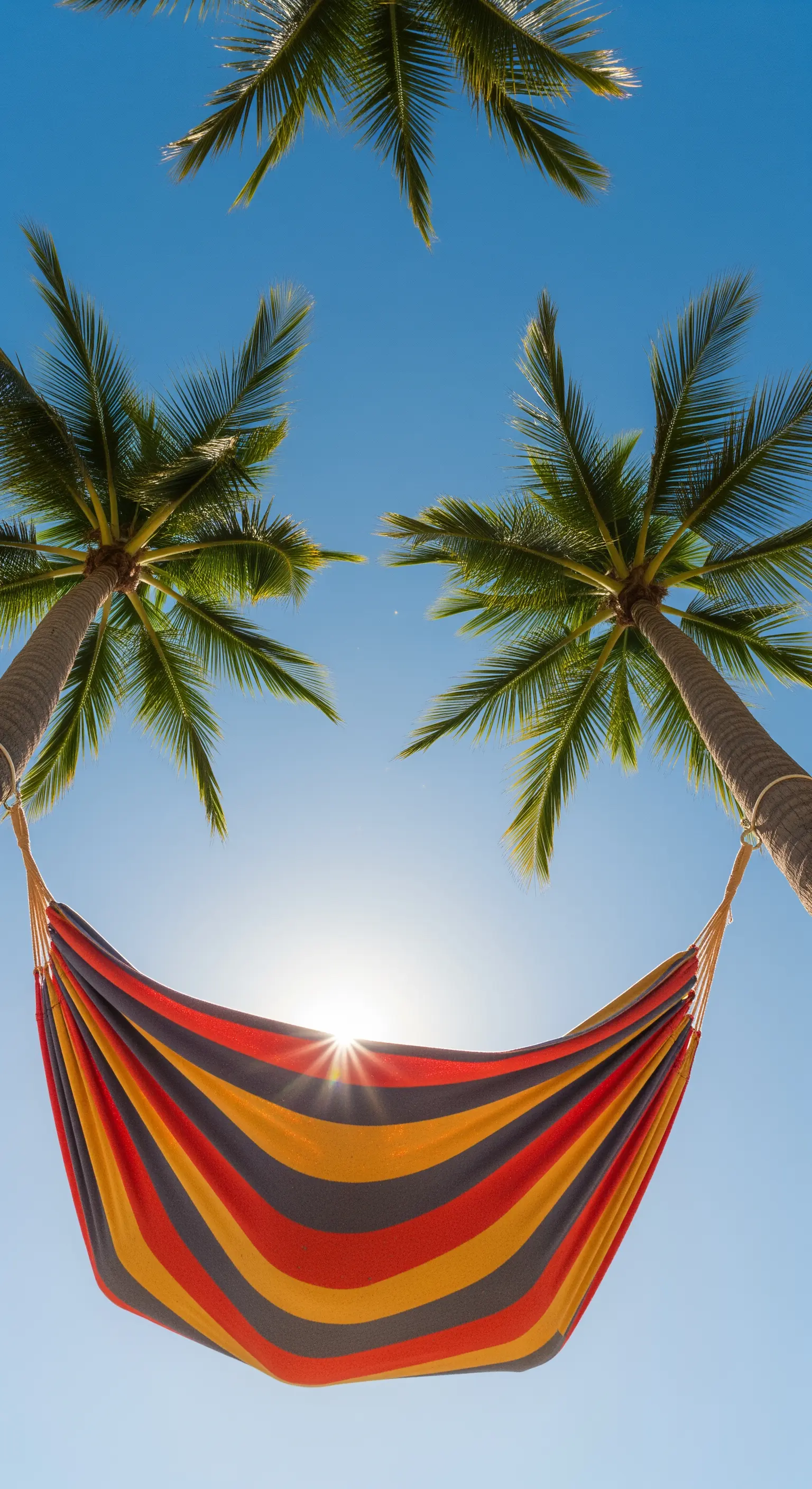 Vista dal basso di un'amaca a righe colorate tesa tra due palme contro il cielo azzurro.