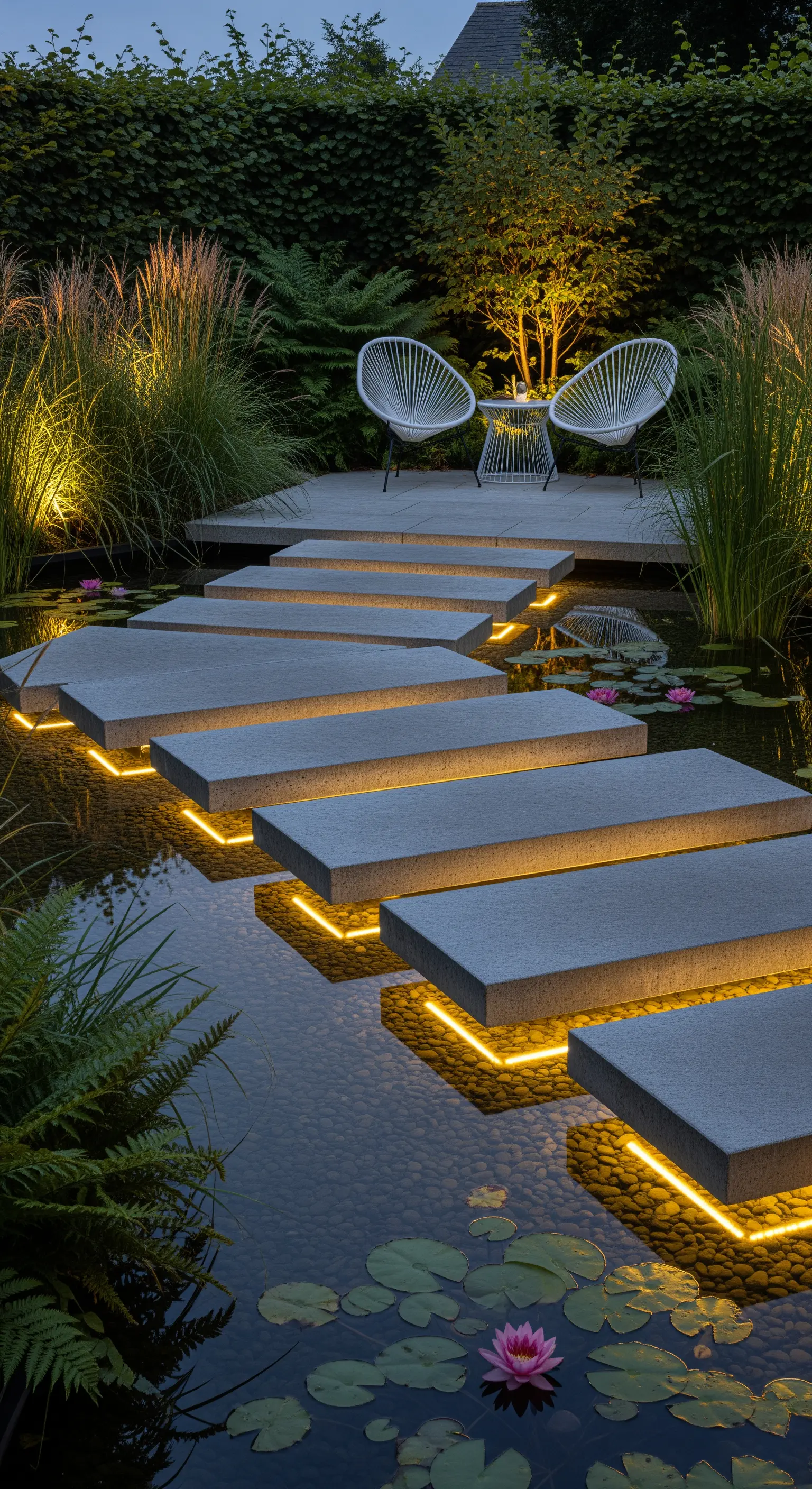 Passerella di lastre di pietra sospese su uno stagno, illuminate da strisce LED nascoste