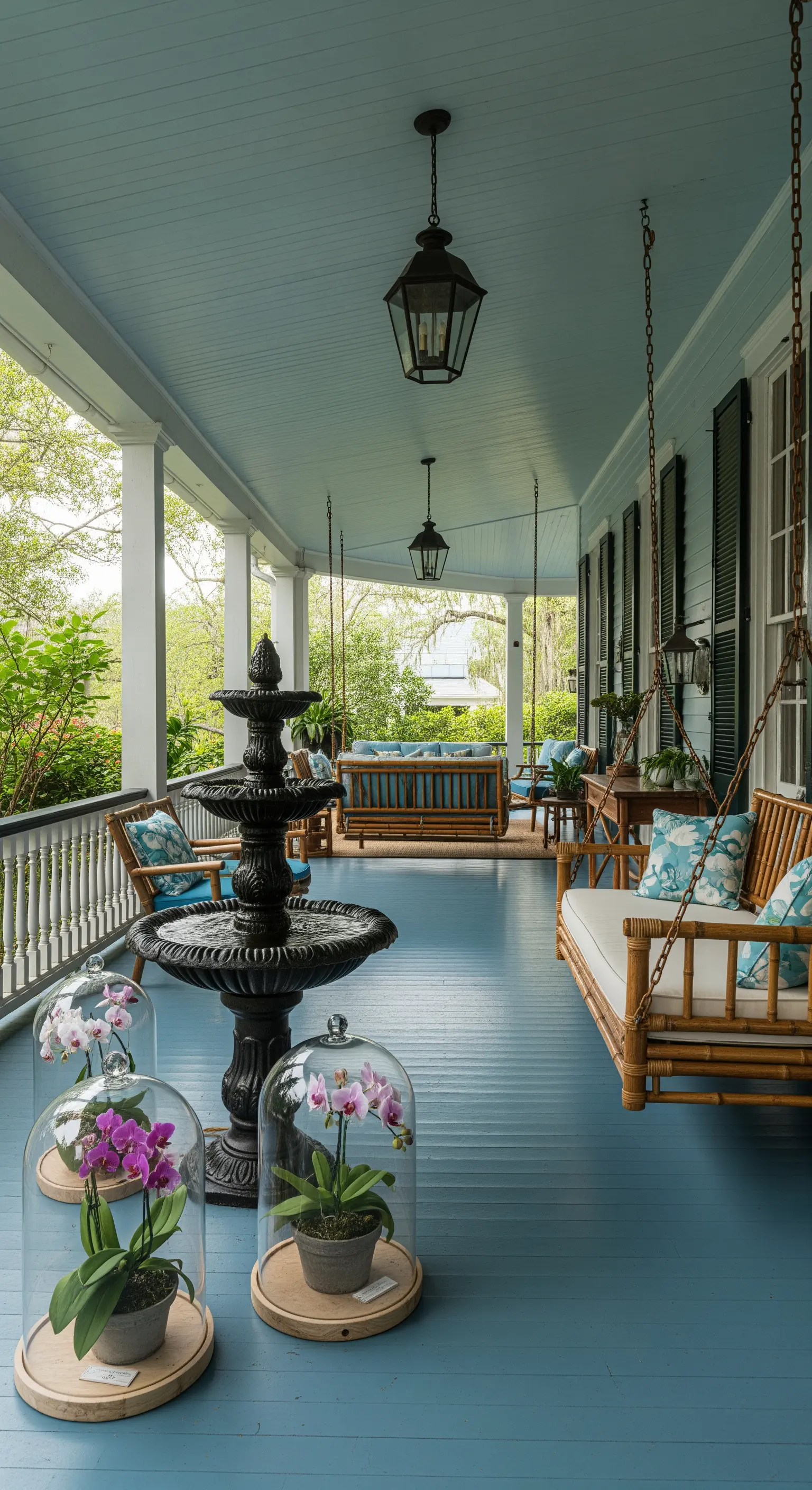 Lungo portico azzurro con dondoli sospesi e orchidee esposte sotto campane di vetro.
