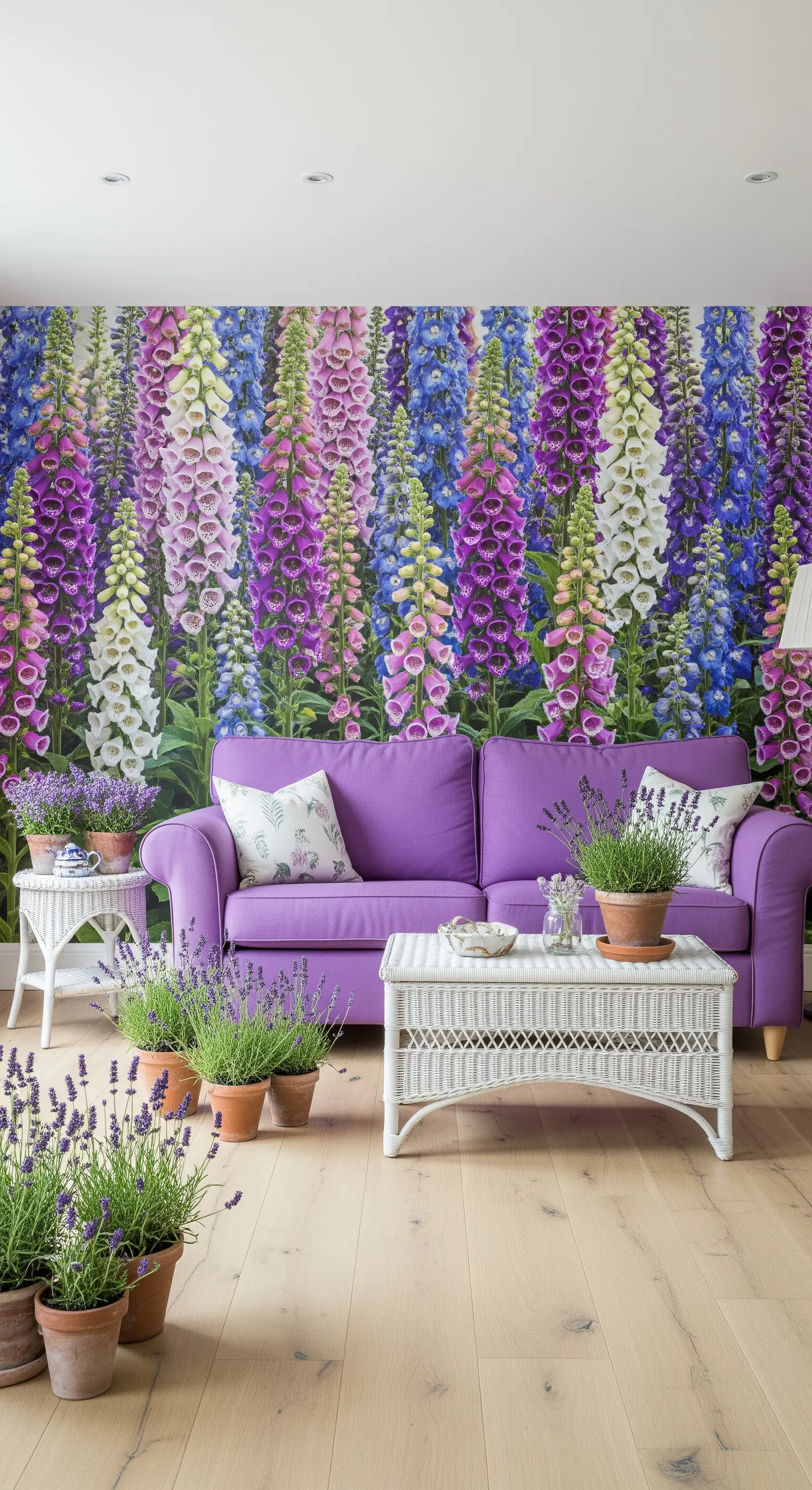 Soggiorno a tema giardino con carta da parati a fiori di digitalis e un divano viola.