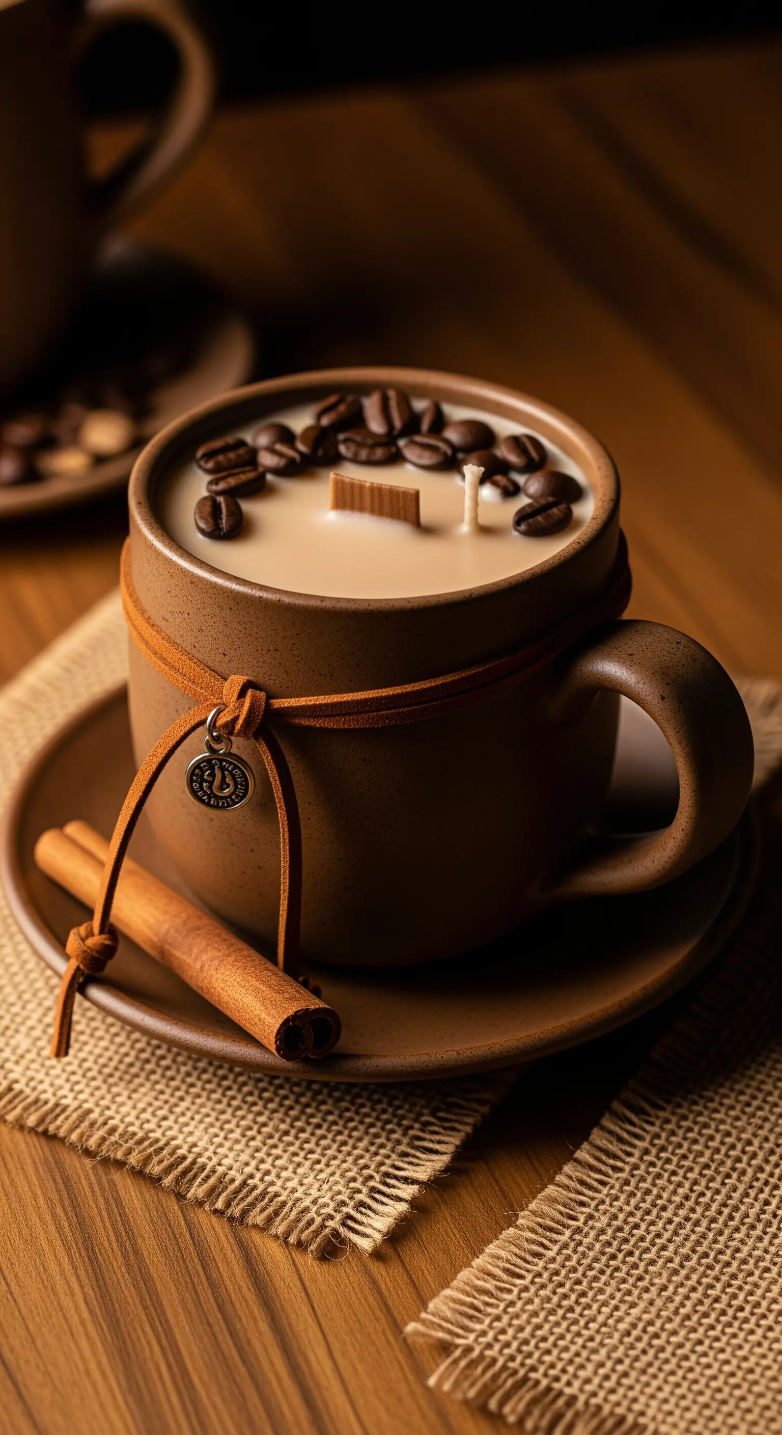 Candela al profumo di caffè in una tazza di ceramica marrone, decorata con chicchi di caffè.