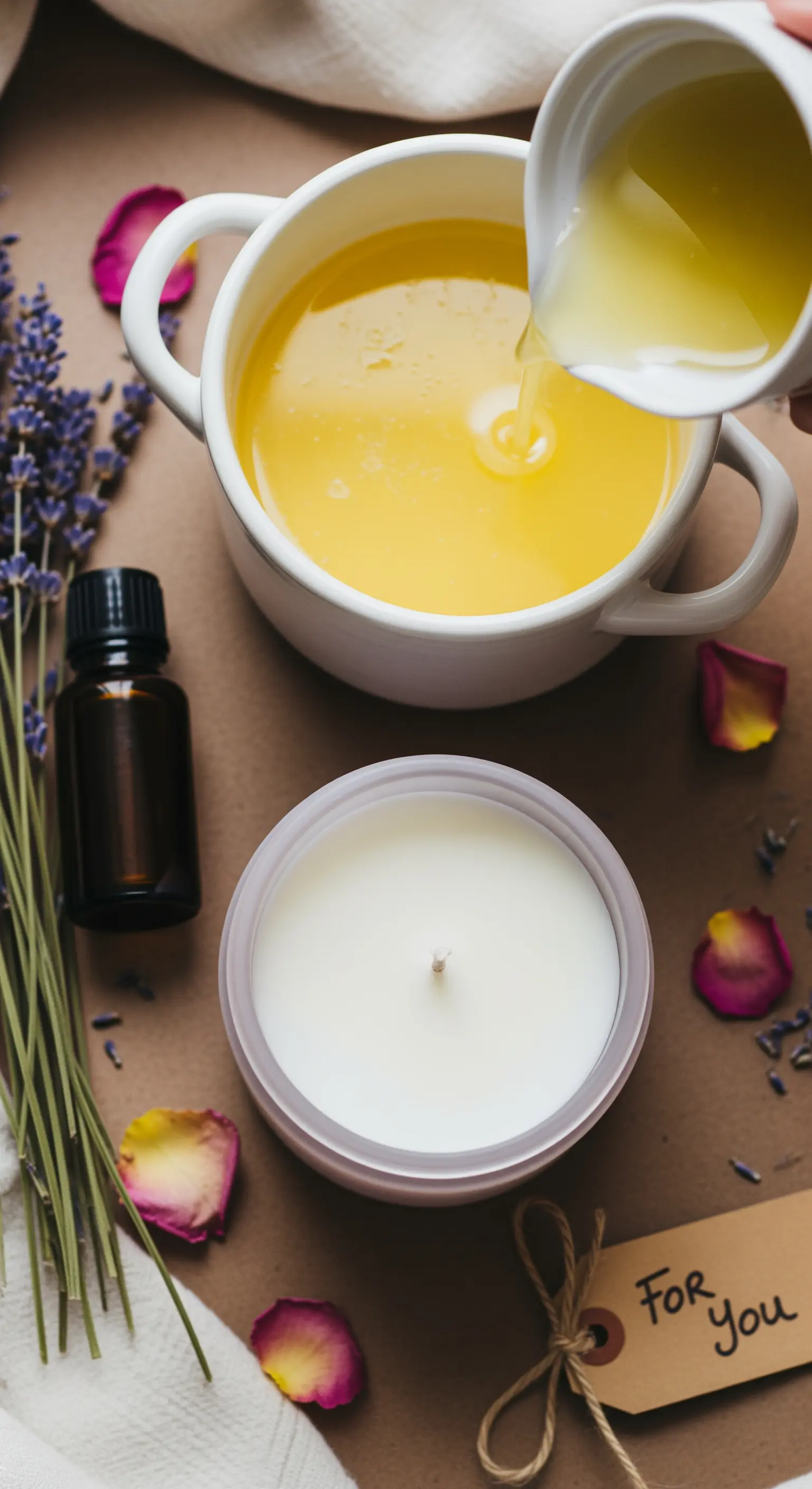 Creazione di una candela profumata fatta in casa con cera liquida e oli essenziali.