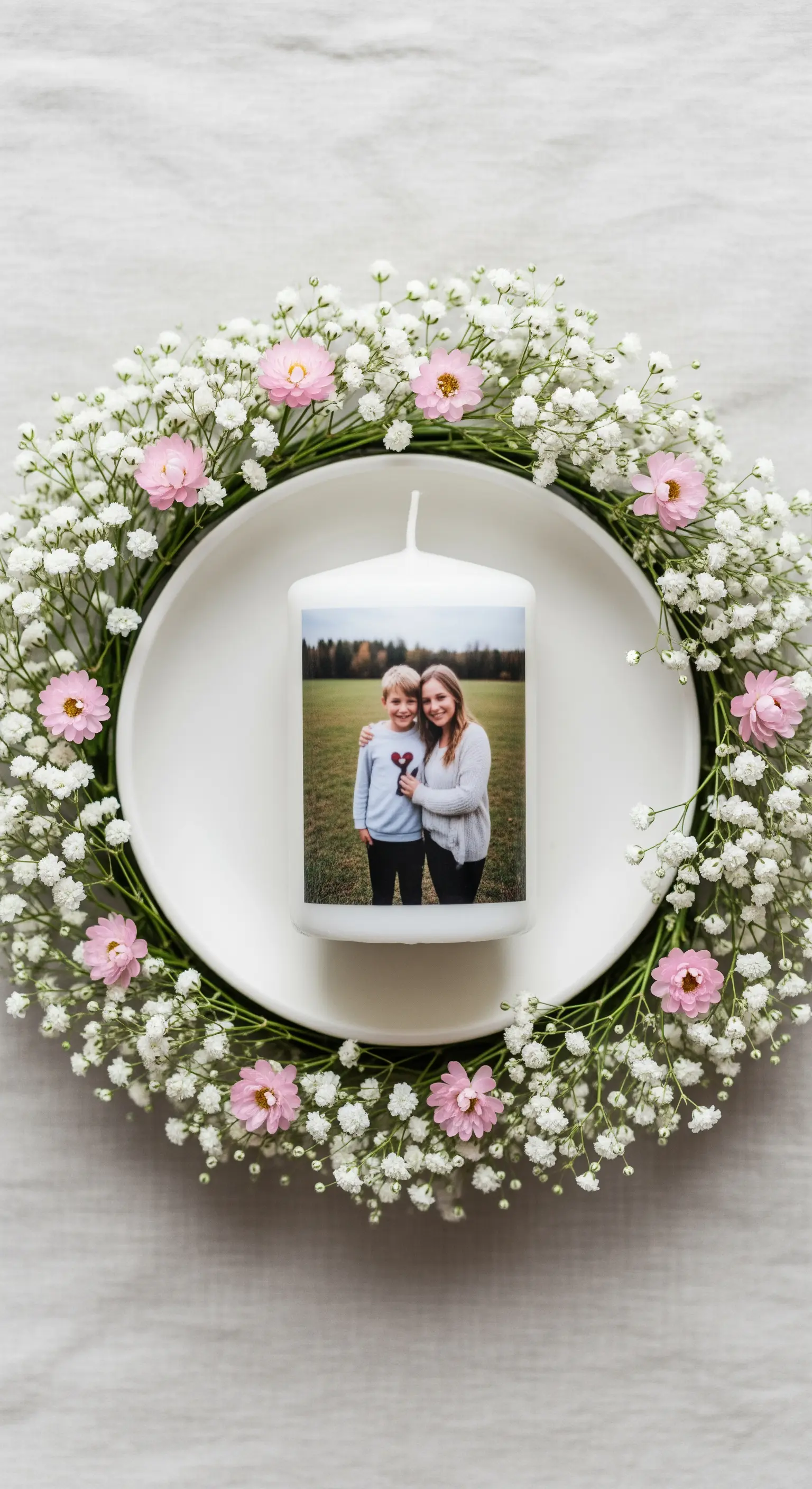 Candela bianca personalizzata con una foto, posta al centro di una ghirlanda di fiori bianchi.