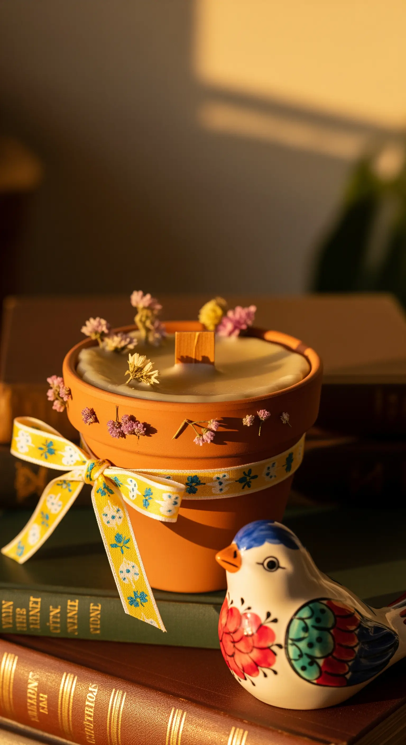 Candela artigianale in un vasetto di terracotta, decorata con fiori secchi e un nastro giallo.