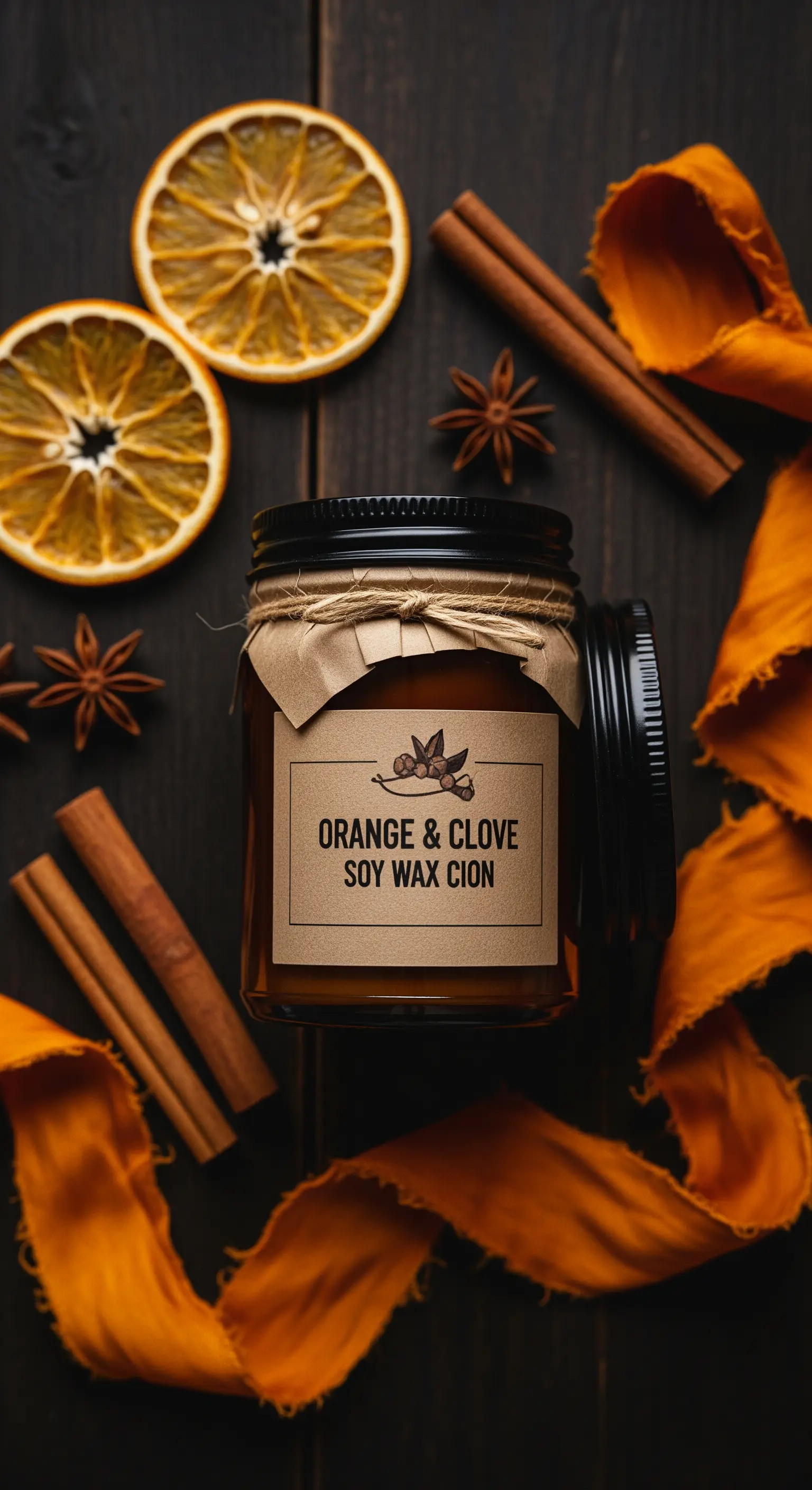 Candela artigianale in un barattolo di vetro con etichetta, circondata da arancia e cannella.