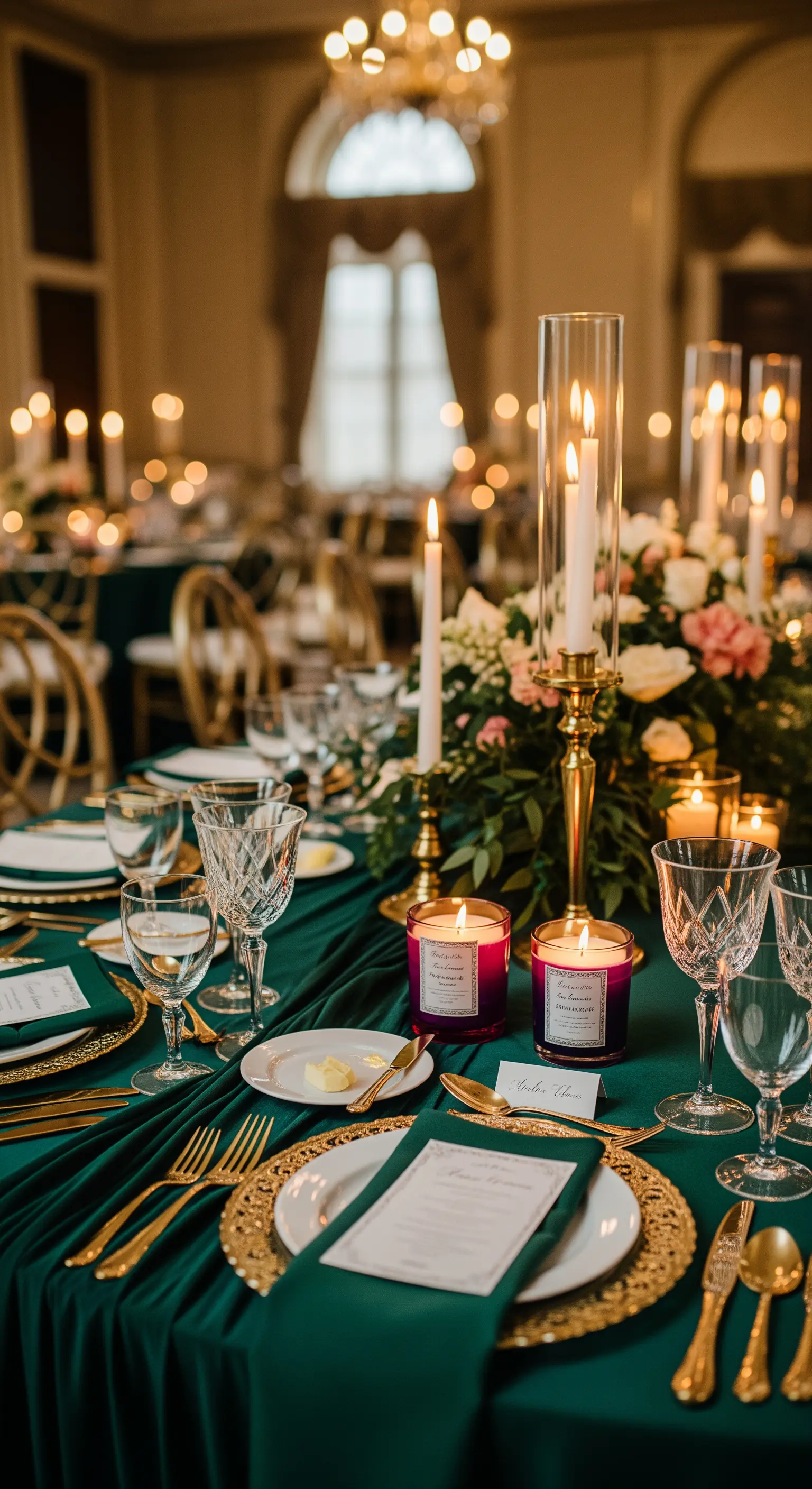 Tavola nuziale verde smeraldo con candele profumate personalizzate come bomboniera.