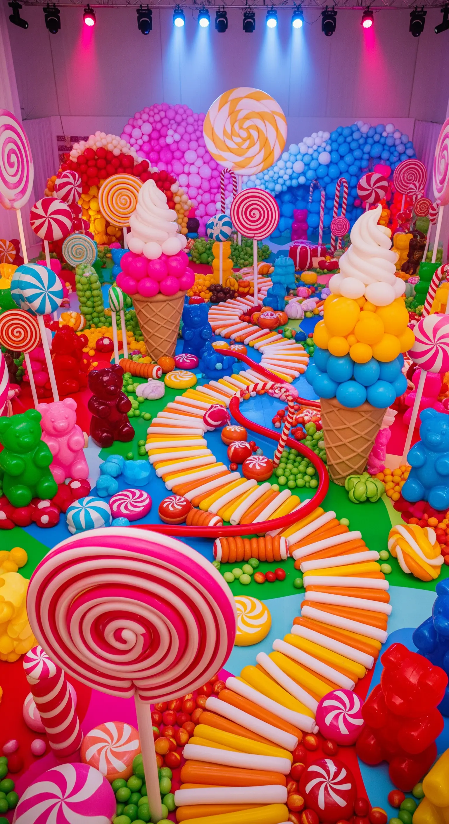 Scenografia coloratissima a tema Candy Land con gelati, lecca-lecca e orsetti fatti di palloncini.