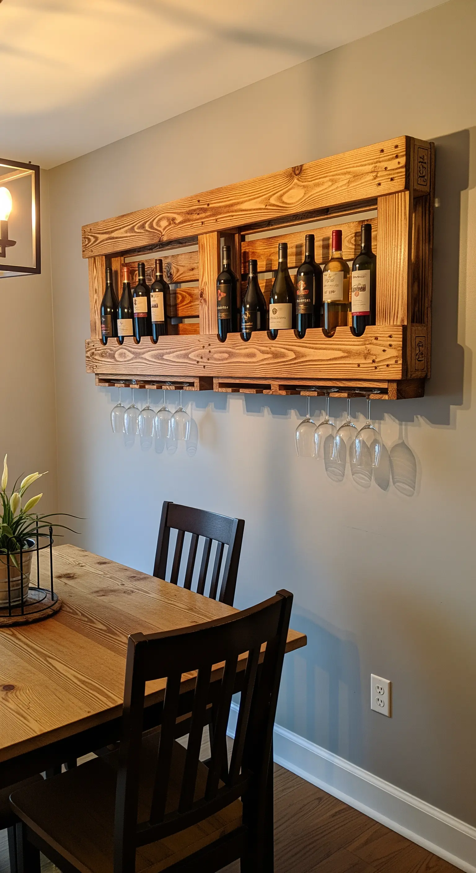 Portabottiglie e portacalici da parete realizzato con una sezione di pallet in legno.