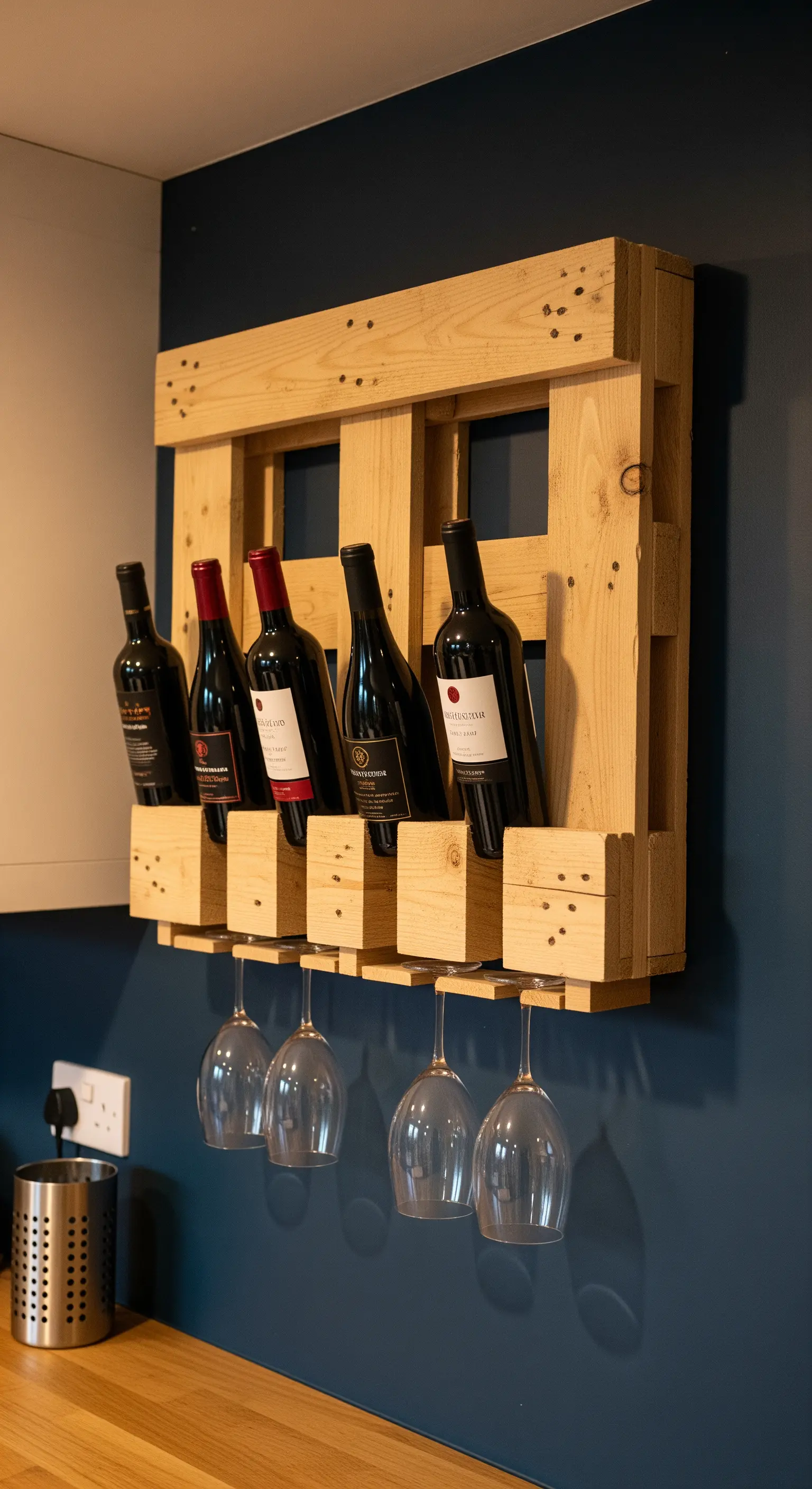 Portabottiglie e portabicchieri da parete realizzato con una sezione di un pallet in legno chiaro.