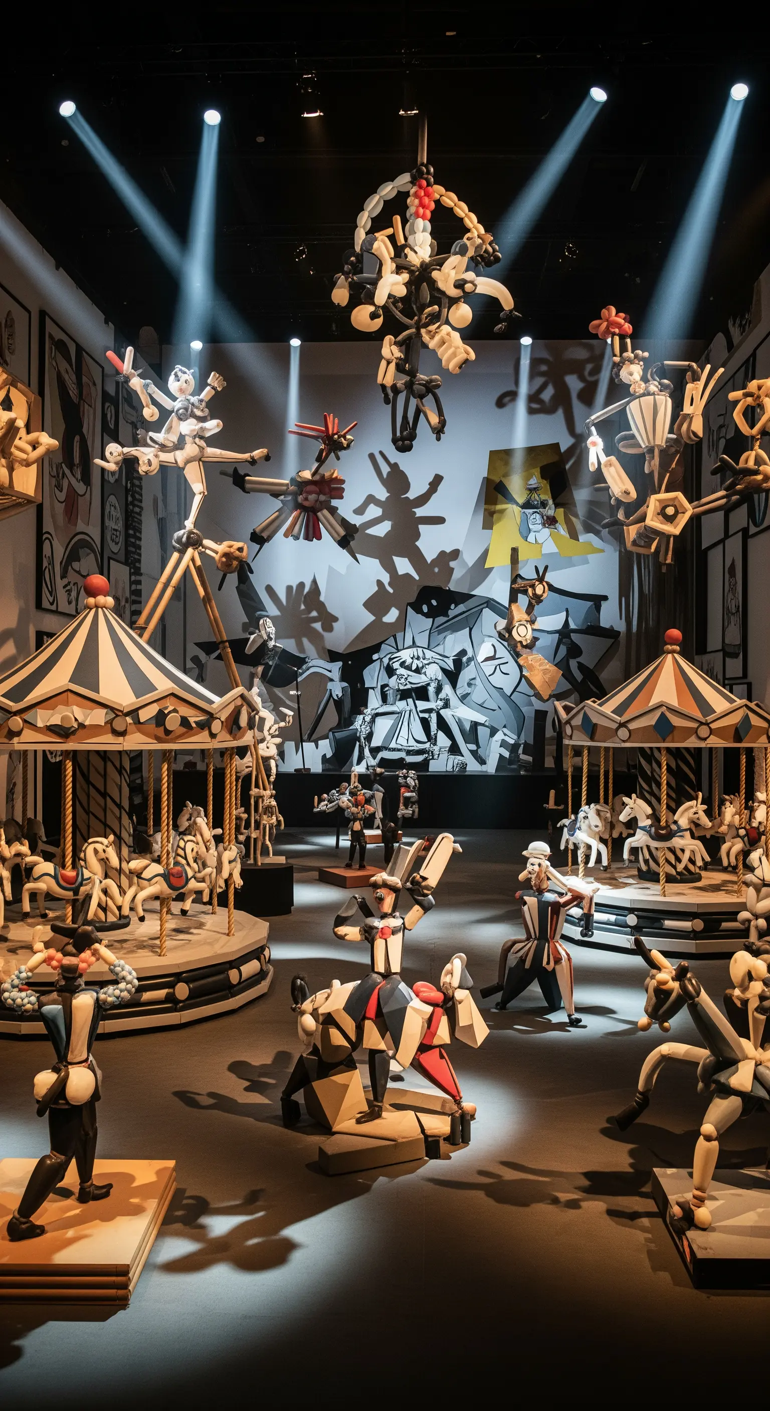 Installazione cubista con giostre e figure frammentate fatte di palloncini e legno.