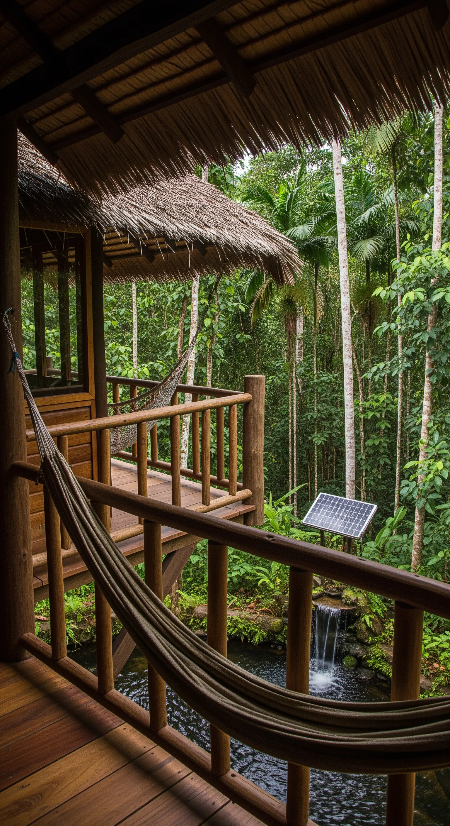 Balcone di una capanna in legno nella foresta, con un'amaca e vista su una piccola cascata