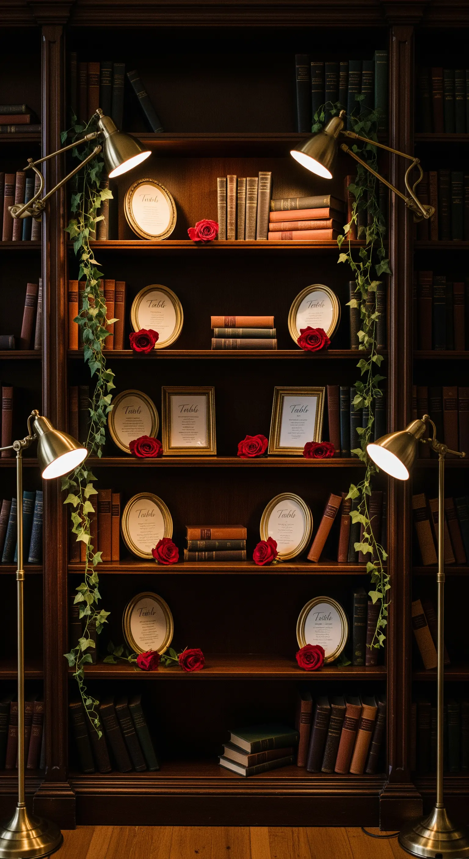 Tableau mariage allestito in una libreria con cornici dorate, libri antichi e rose rosse.