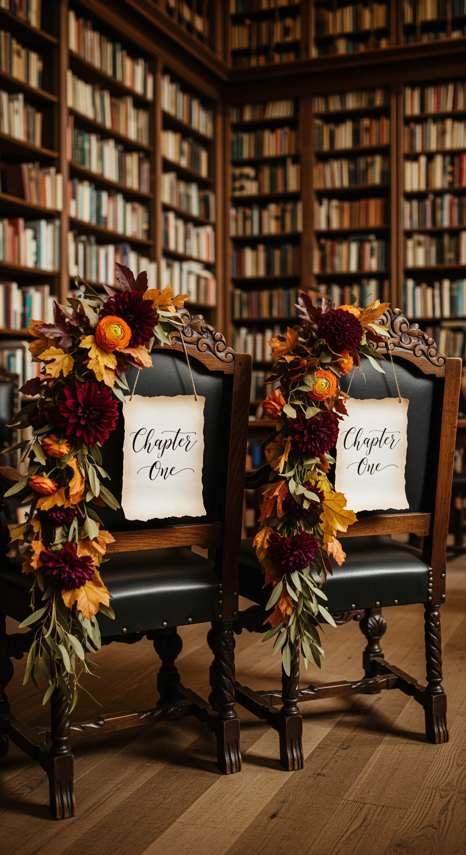 Sedie classiche in una biblioteca, decorate con fiori autunnali e pergamene 'Chapter One'.