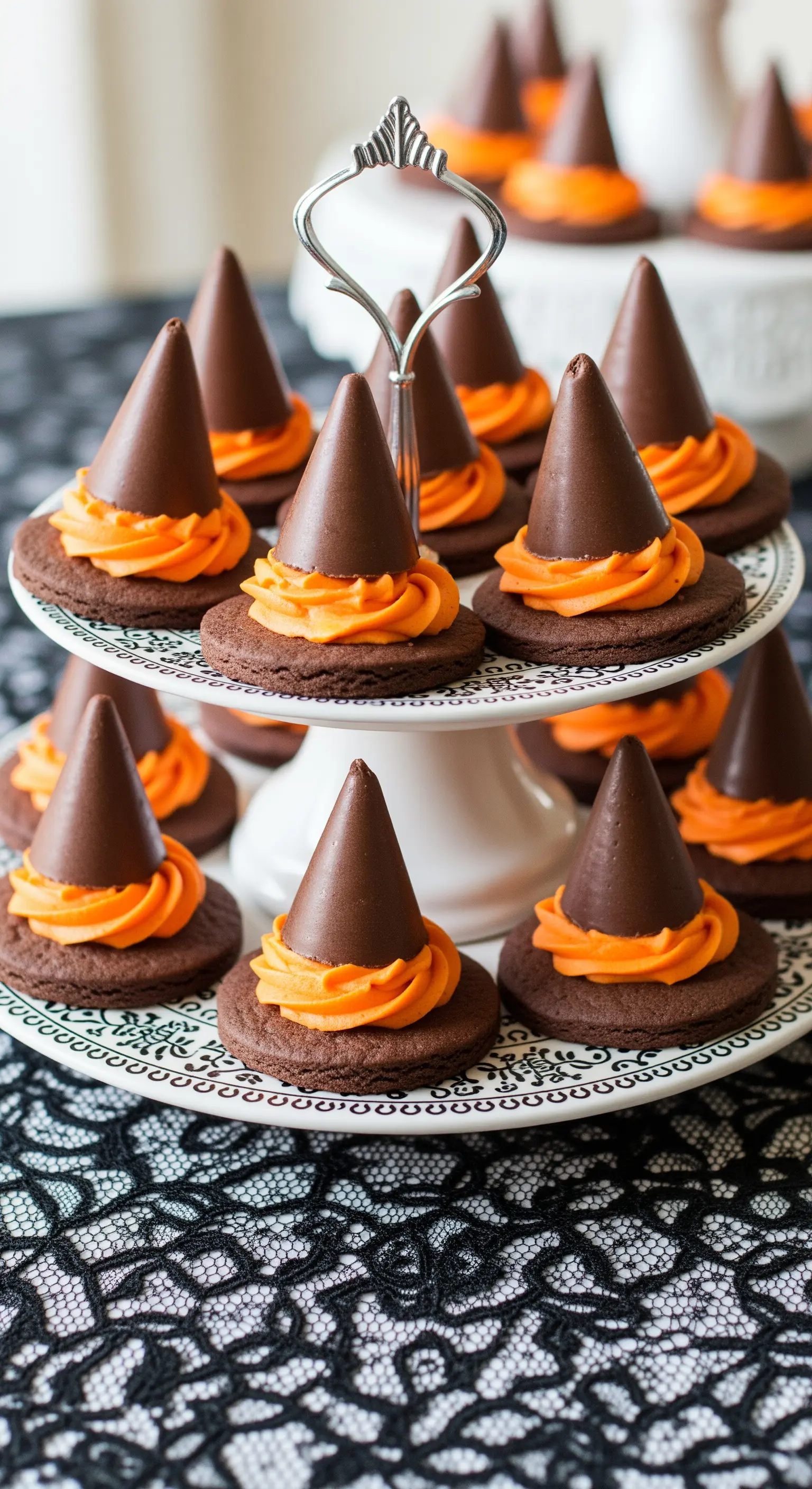 Biscotti a forma di cappello di strega con base al cioccolato e glassa arancione, su un'alzata.