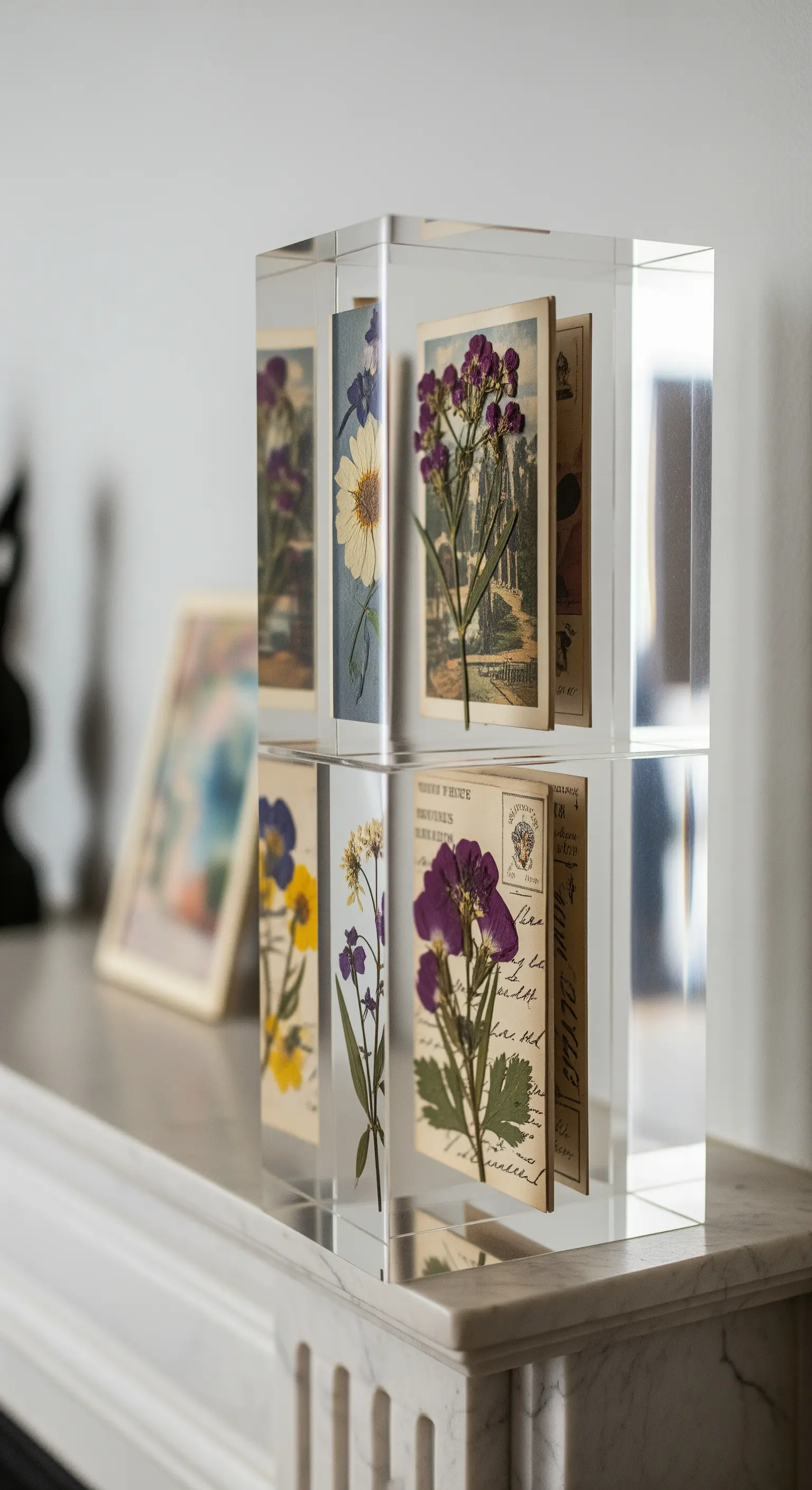 Fiori pressati e cartoline d'epoca conservati in cubi di resina trasparente.