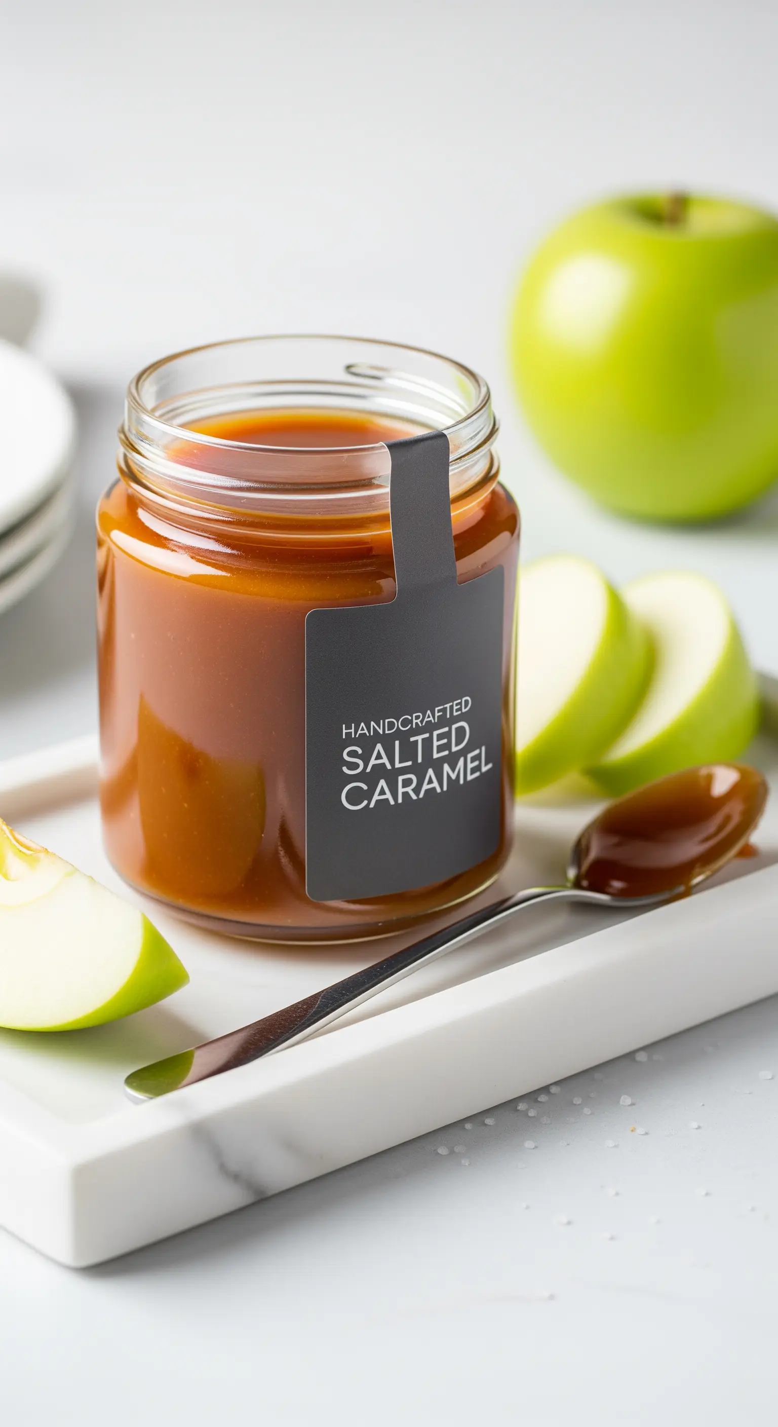 Vasetto di caramello salato con etichetta nera moderna, servito con fette di mela verde.