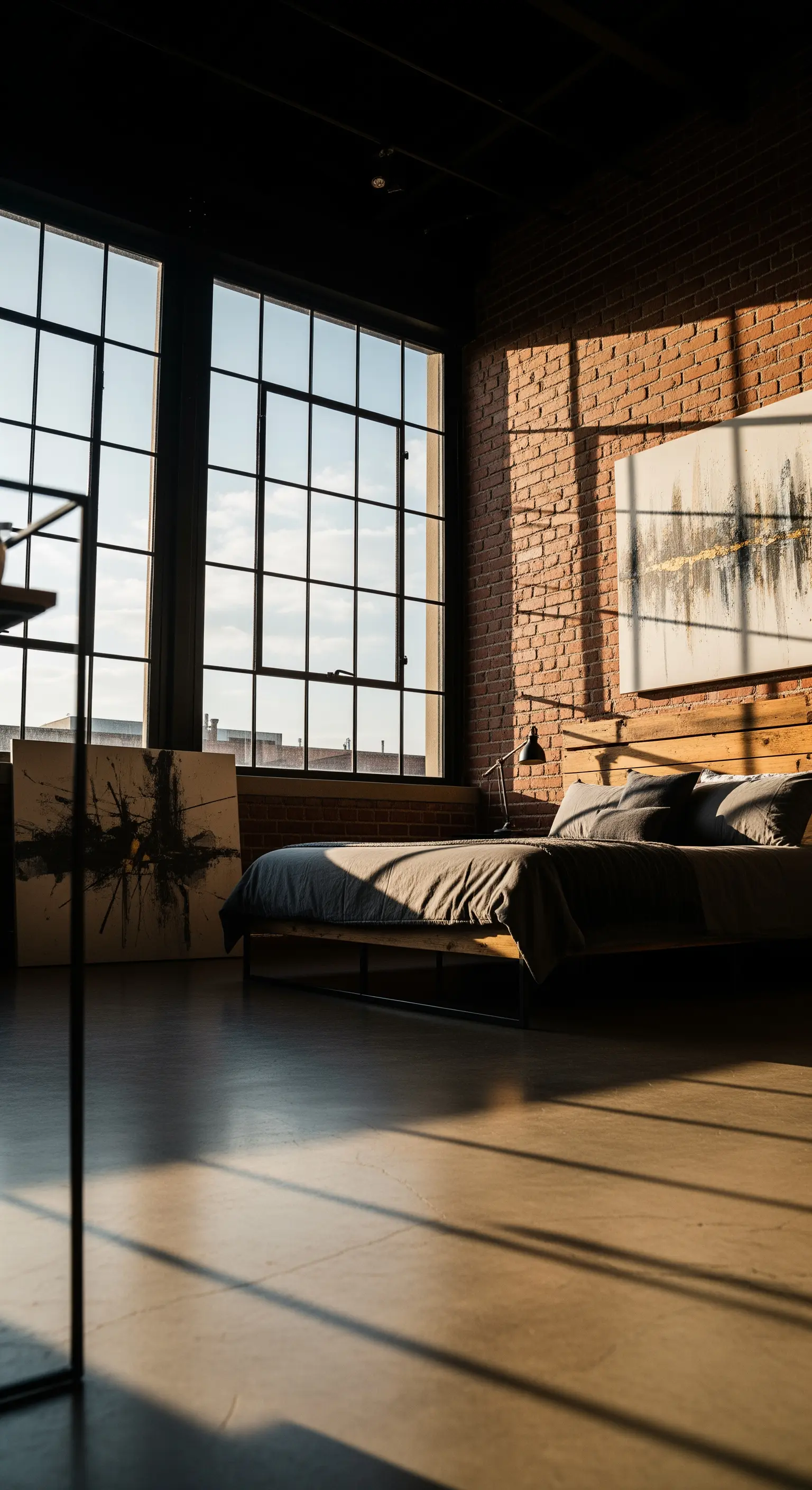 Camera da letto in stile loft con parete di mattoni e grandi finestre industriali.