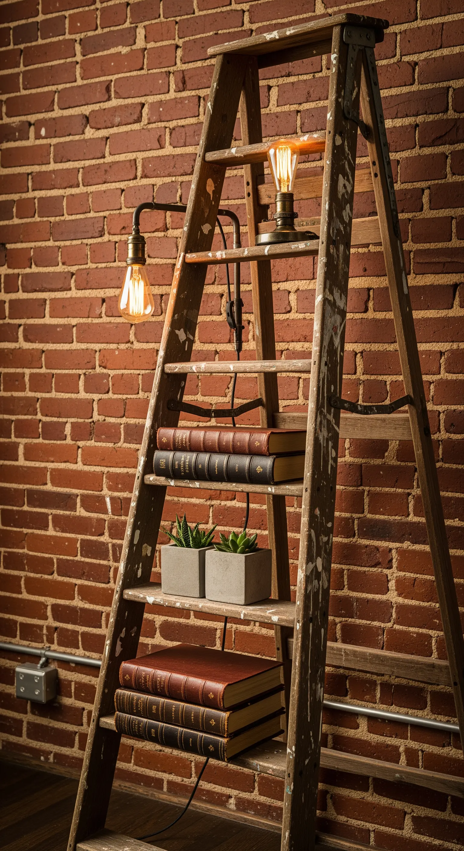 Vecchia scala in legno con libri antichi e lampade industriali Edison.