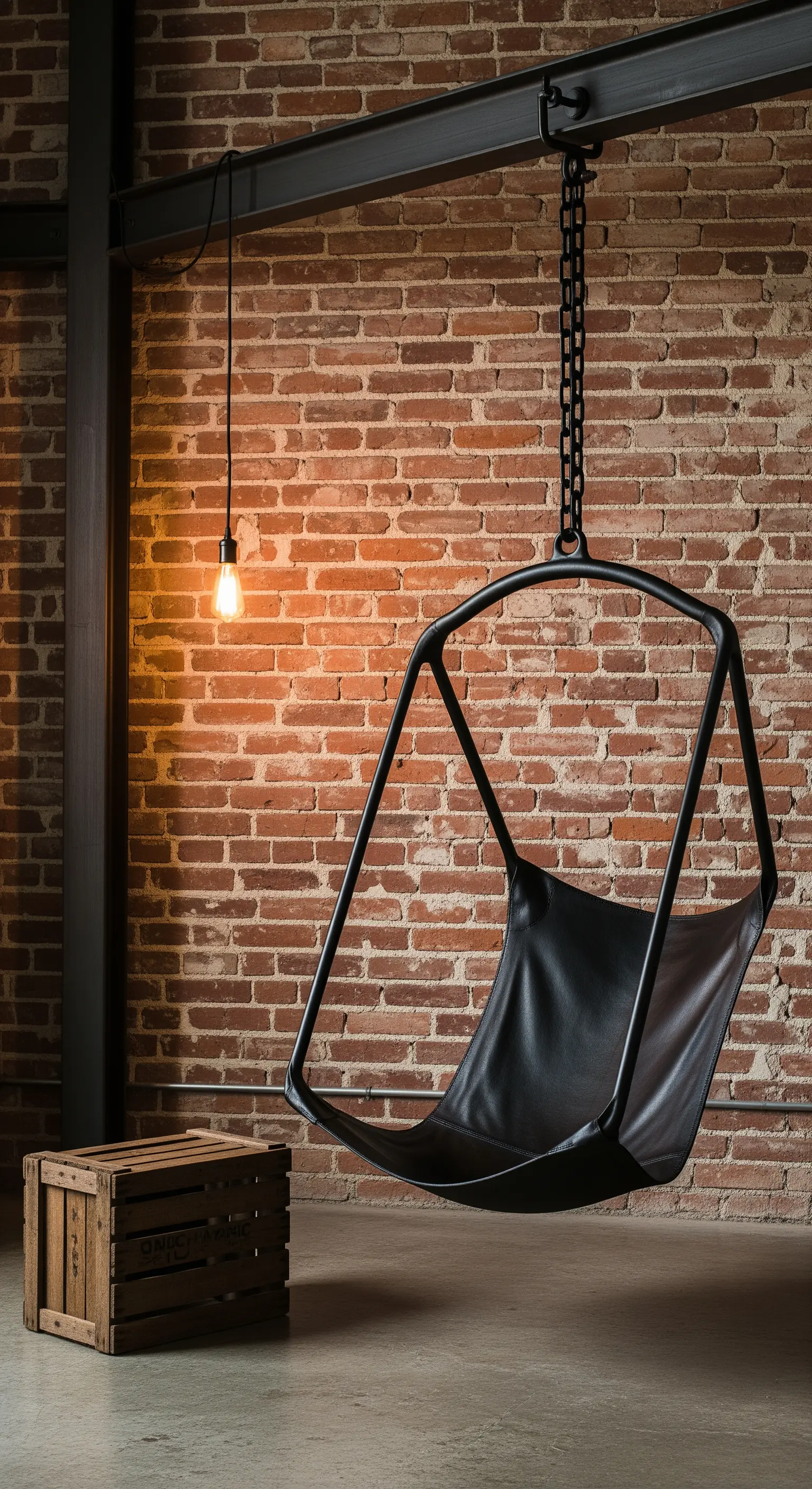 Poltrona sospesa in pelle nera e metallo appesa a una trave, sfondo di mattoni.