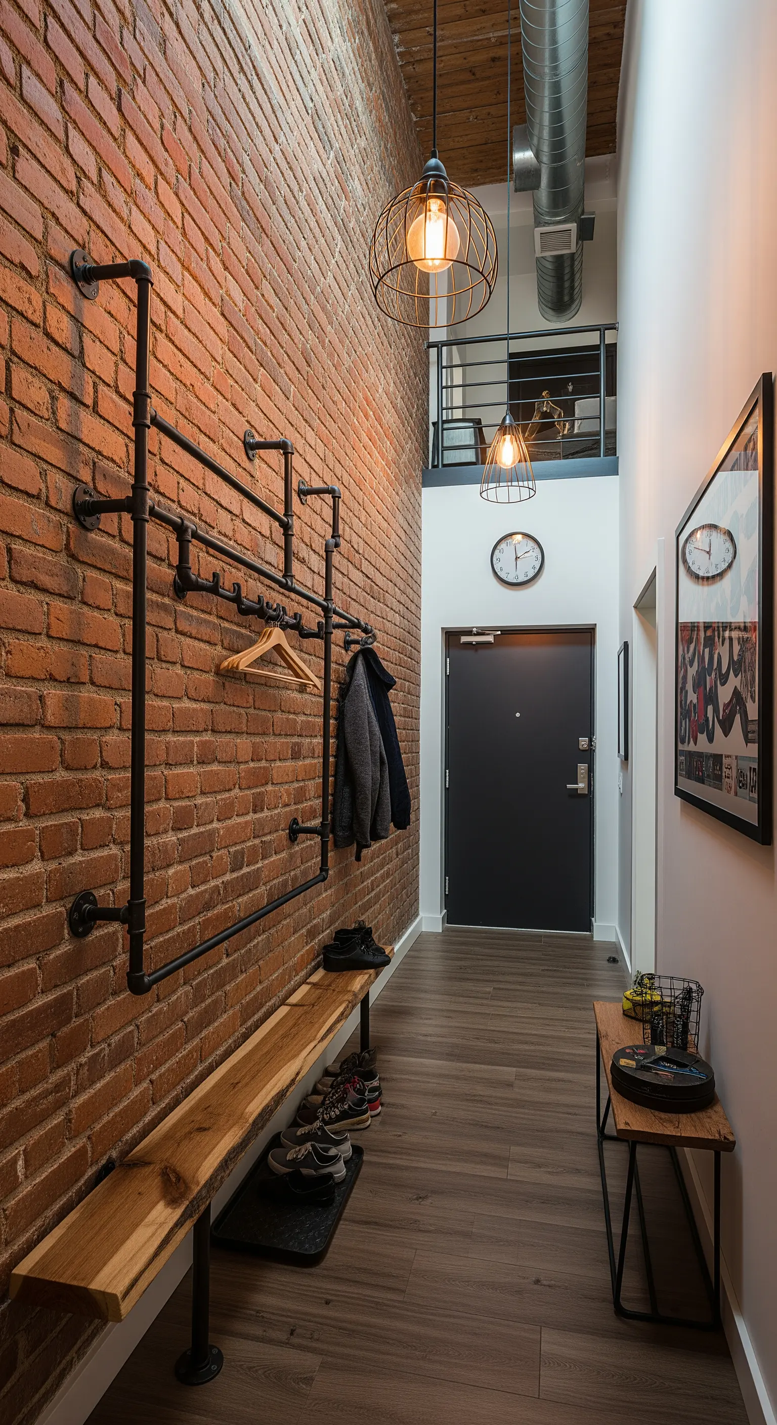 Appendiabiti a muro in tubi neri su una parete di mattoni rossi.