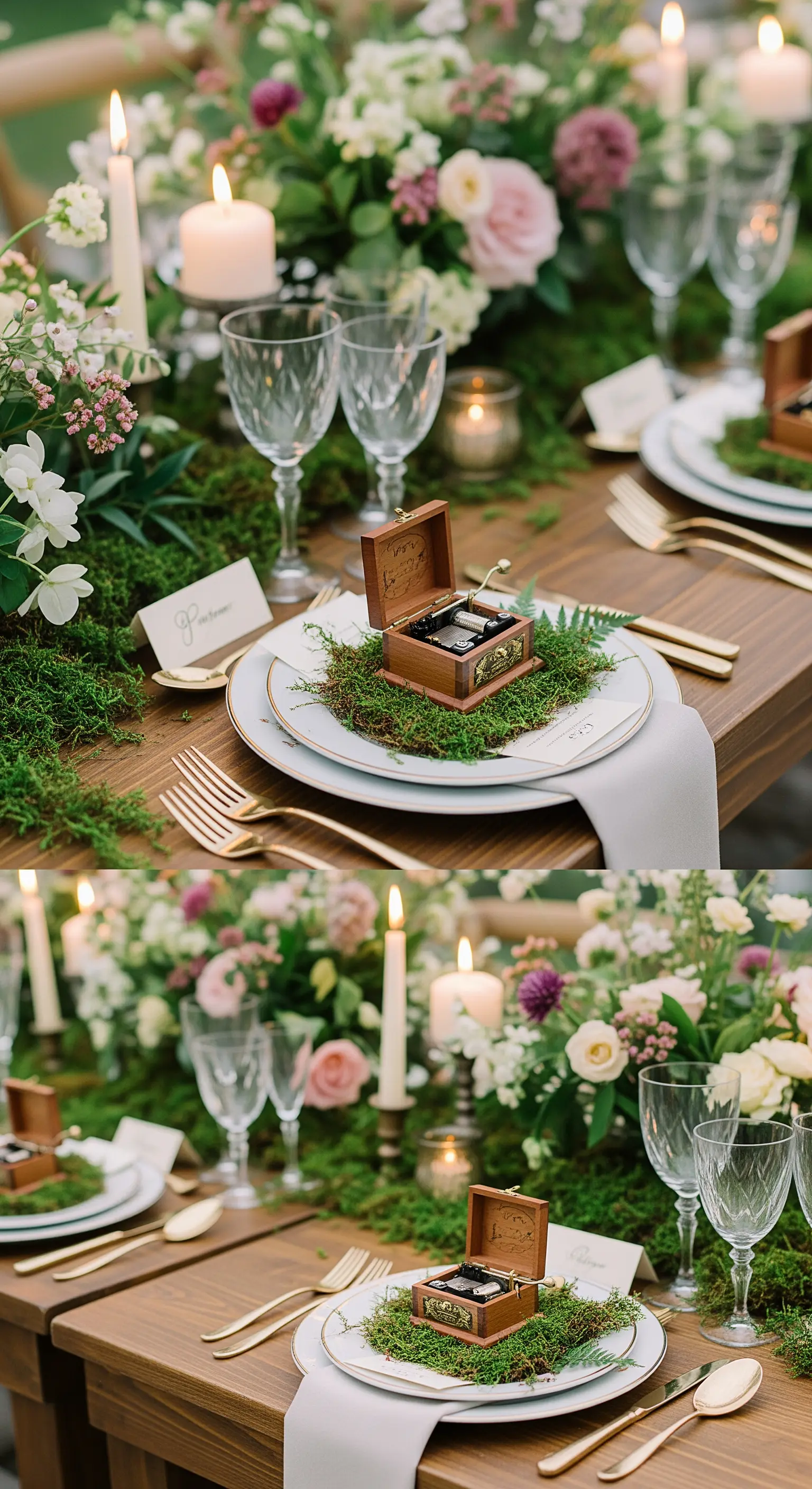 Piccolo carillon in legno appoggiato su un letto di muschio come segnaposto nuziale.