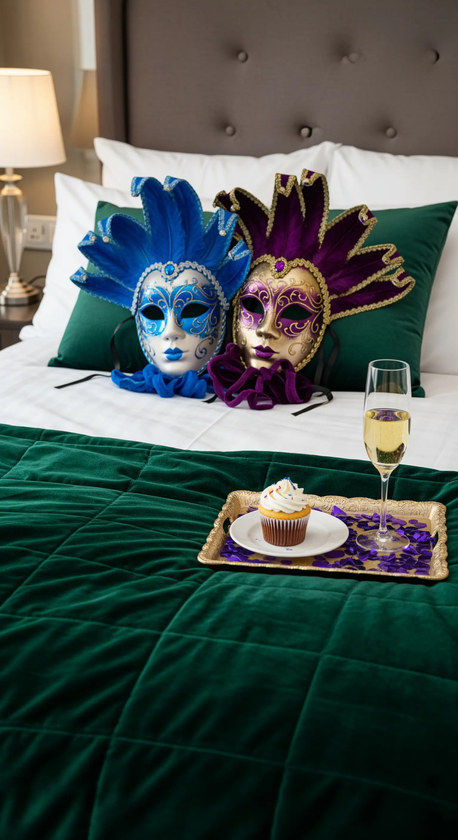 Letto con maschere di Carnevale, un cupcake e un bicchiere di champagne su un vassoio.