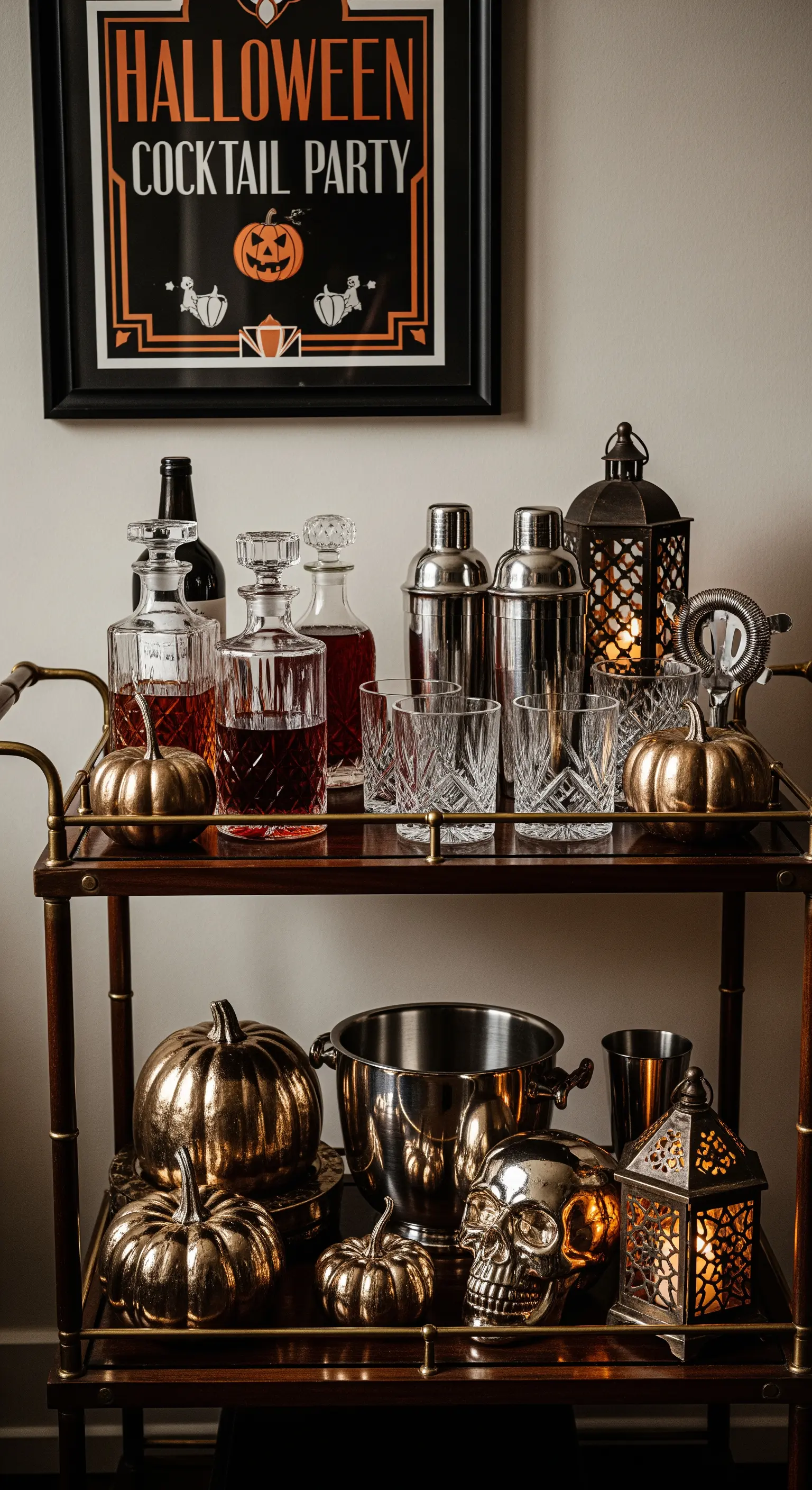 Carrello bar in stile vintage con decanter, zucche dorate, un teschio argentato e una lanterna.