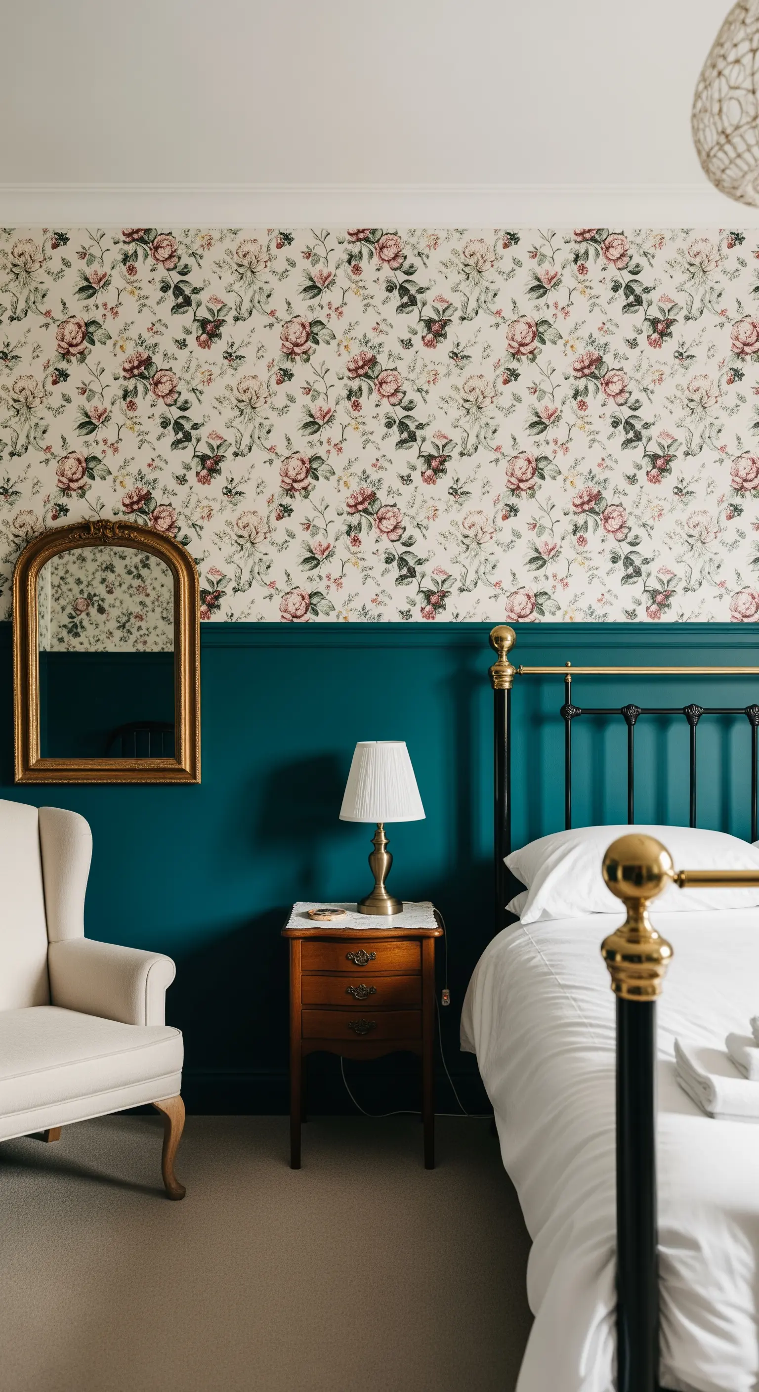 Camera da letto con carta da parati floreale nella parte superiore e pittura blu-verde in quella inferiore.