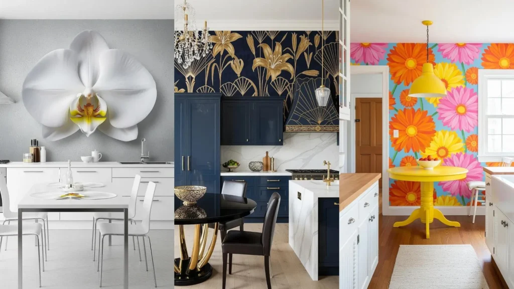 Tre cucine con audaci wallpaper floreali oversize e tavoli coordinati, che mostrano design moderni e colorati.