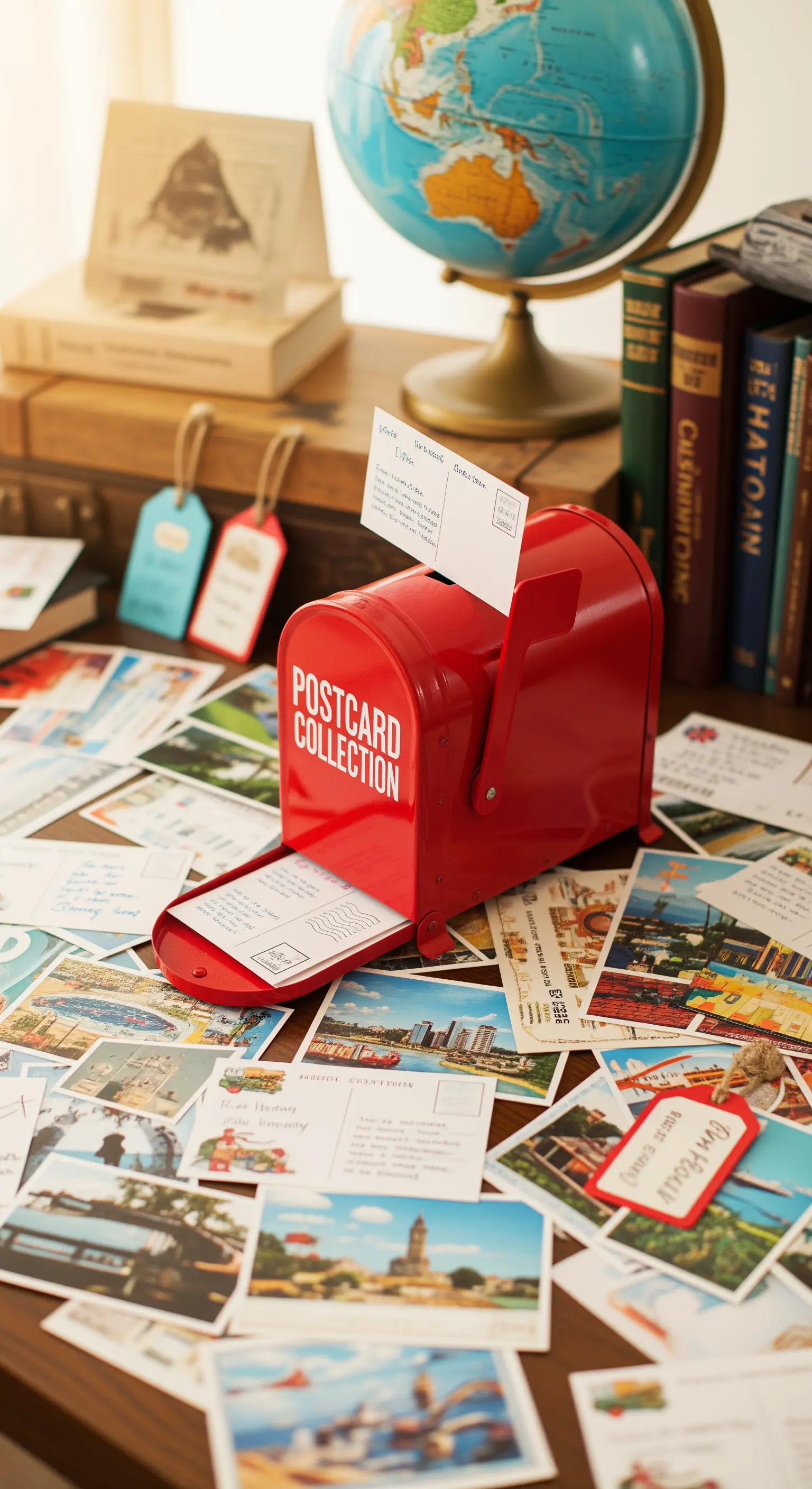 Collezione di cartoline e una piccola cassetta della posta rossa per un guestbook di viaggio
