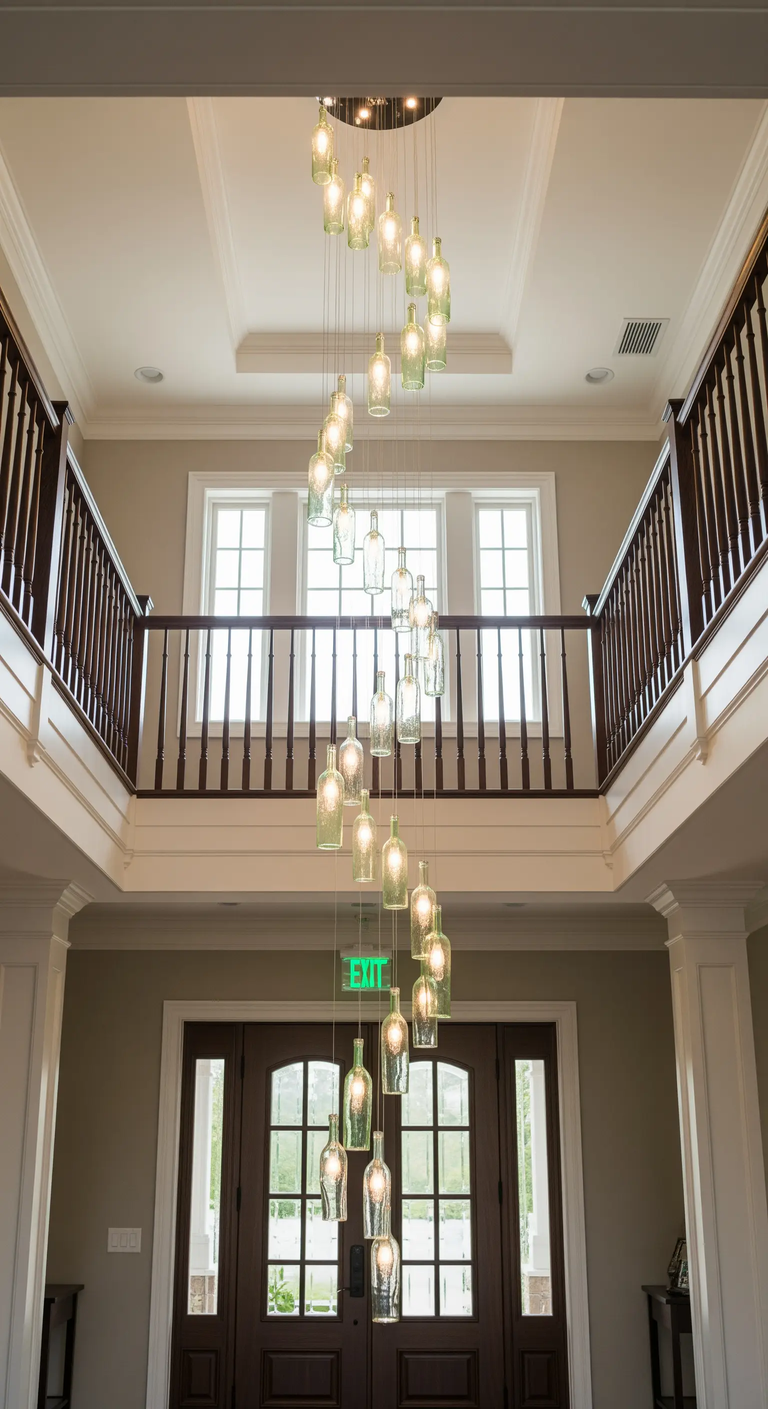 Lampadario a spirale molto alto, composto da bottiglie di vetro verde chiaro in un ingresso.