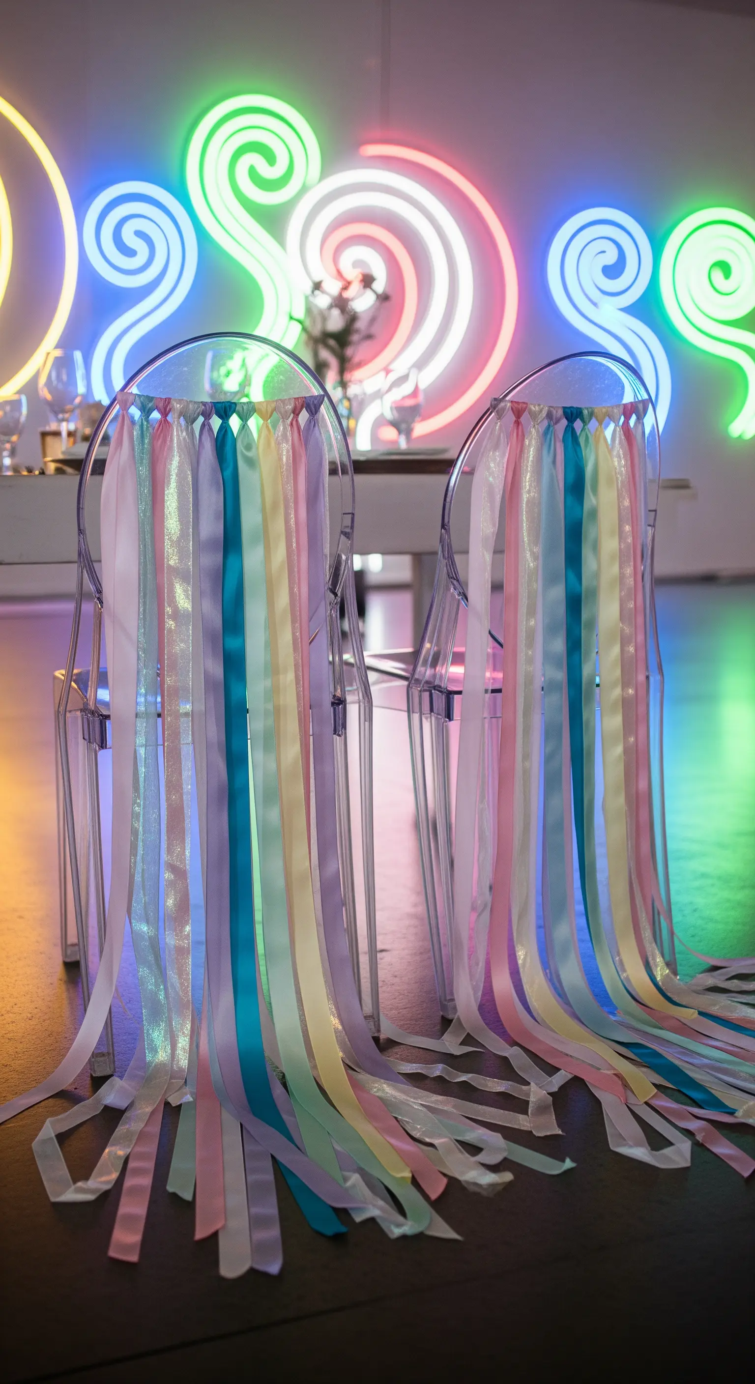 Sedie trasparenti Ghost con cascate di nastri colorati pastello e sfondo al neon.