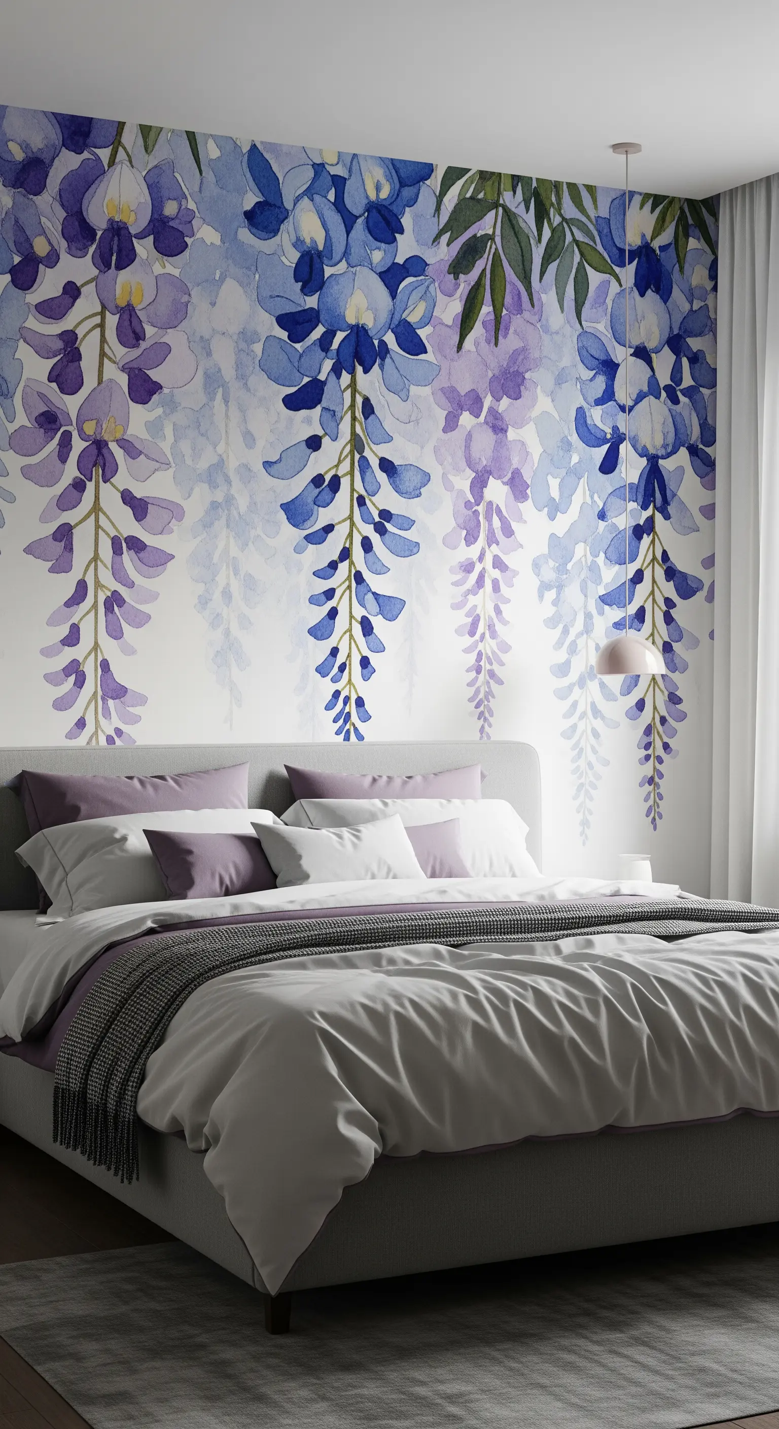 Carta da parati con glicine ad acquerello viola e blu dietro a un letto grigio.