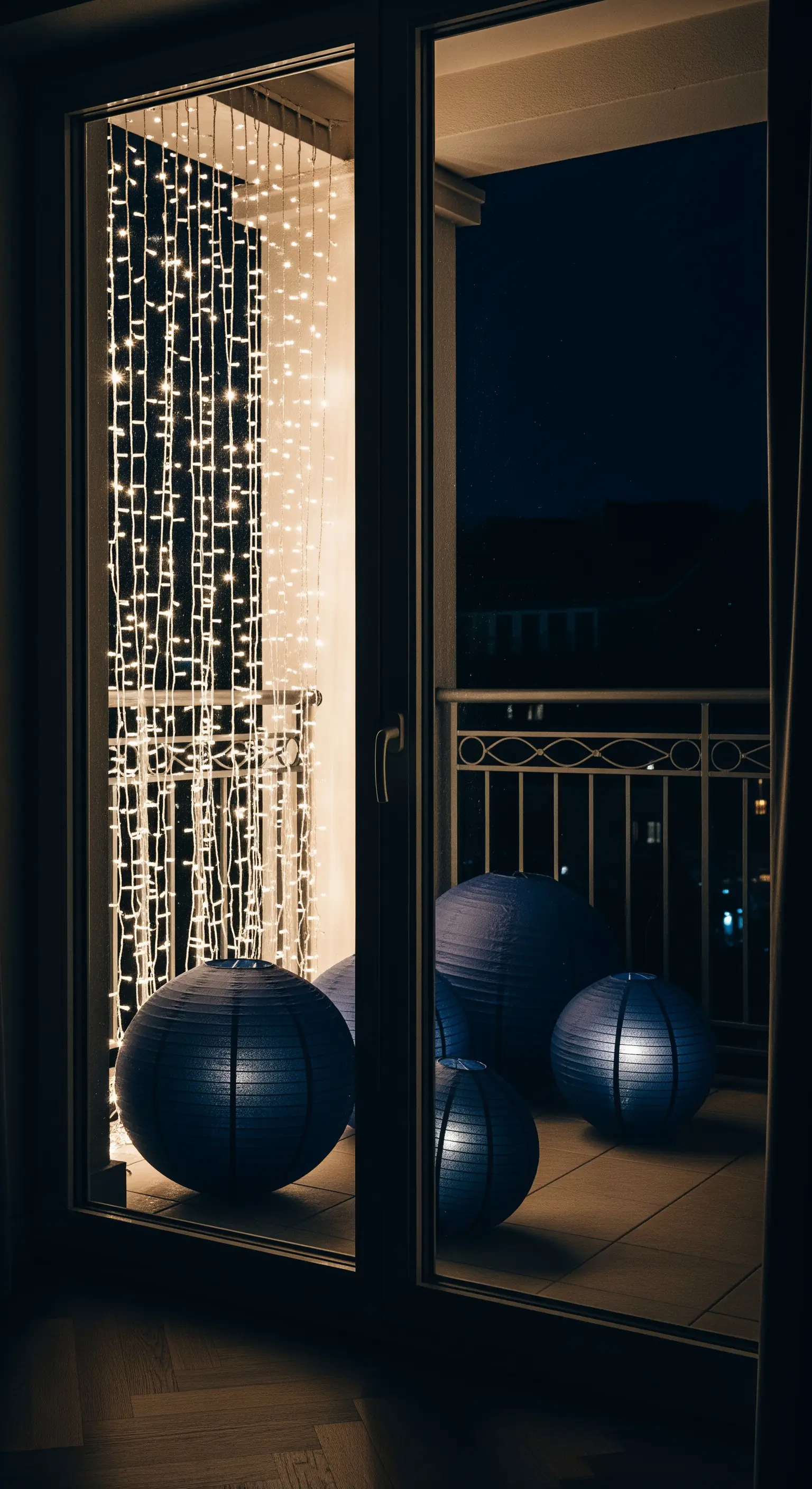Tenda di luci LED su una finestra con grandi lanterne di carta blu appoggiate a terra davanti