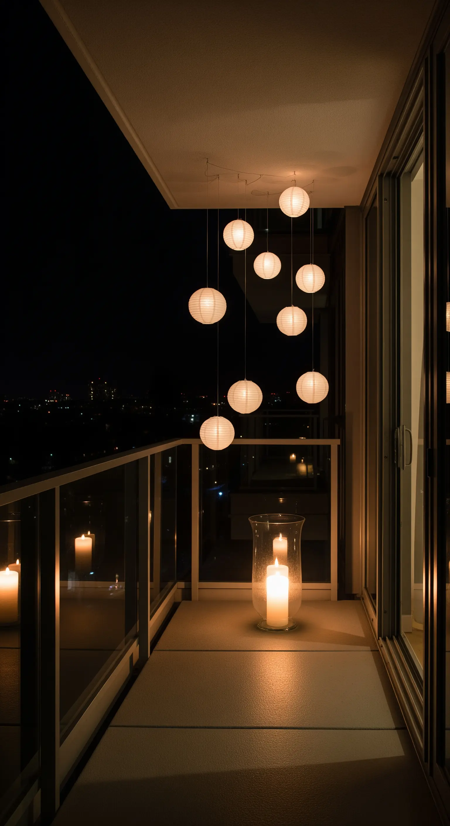 Piccole lanterne di carta bianche appese a cascata in un balcone minimalista con una grande candela a terra