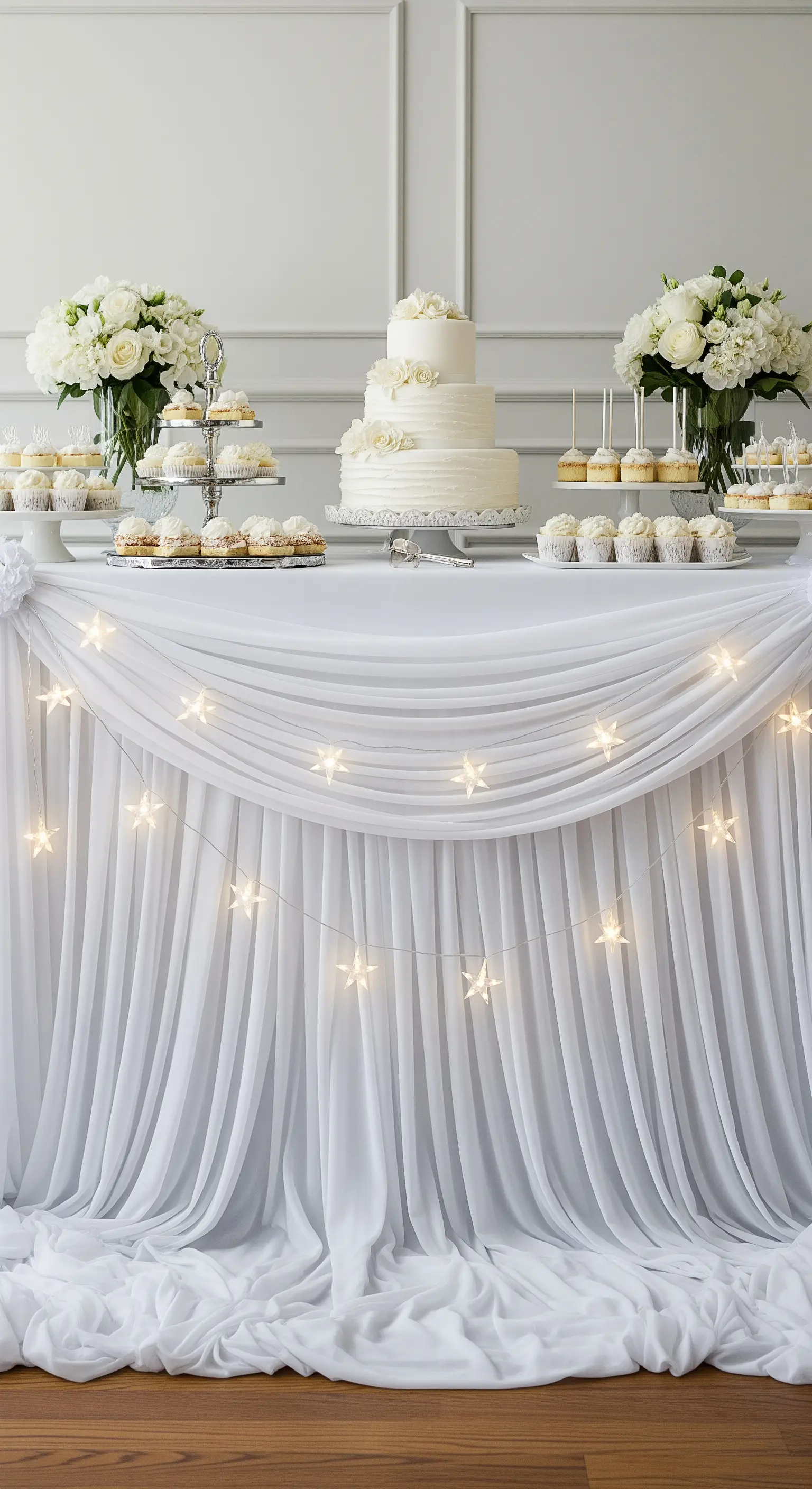 Buffet con un drappeggio di voile bianco che cade a terra, illuminato da luci a stella.