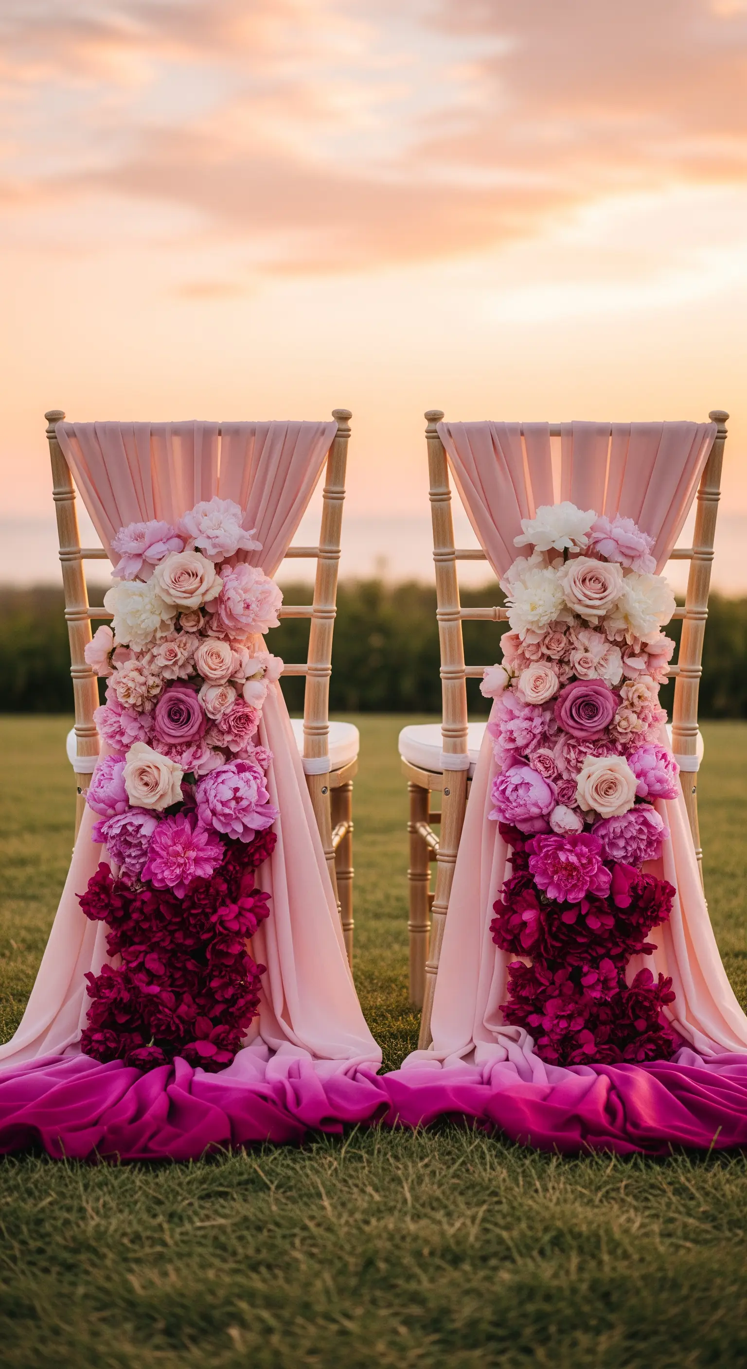 Sedie decorate con un drappeggio rosa e una cascata di fiori in gradazione dal bianco al fucsia.