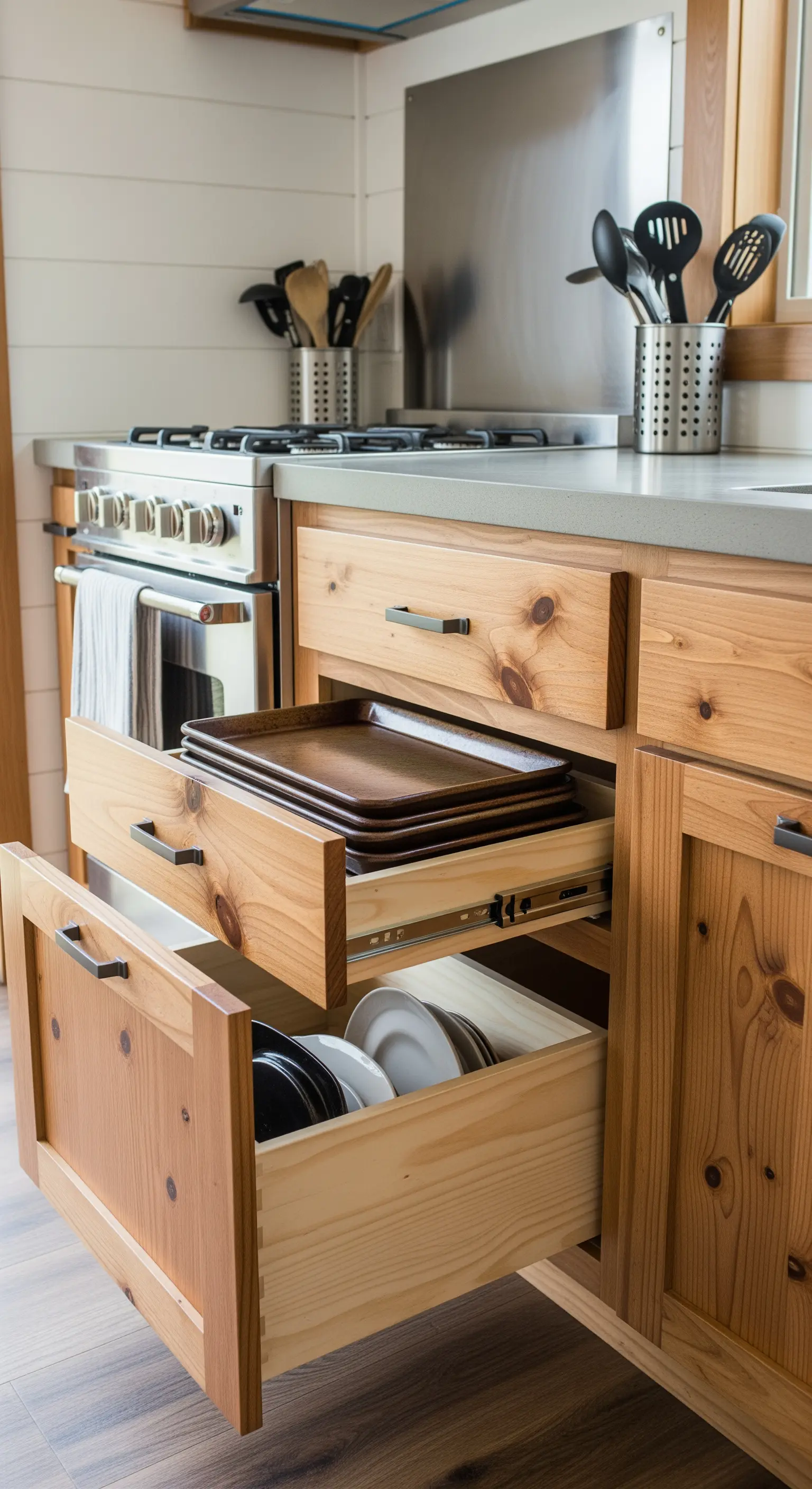 Cassetti in legno aperti che mostrano piatti e teglie impilati ordinatamente.