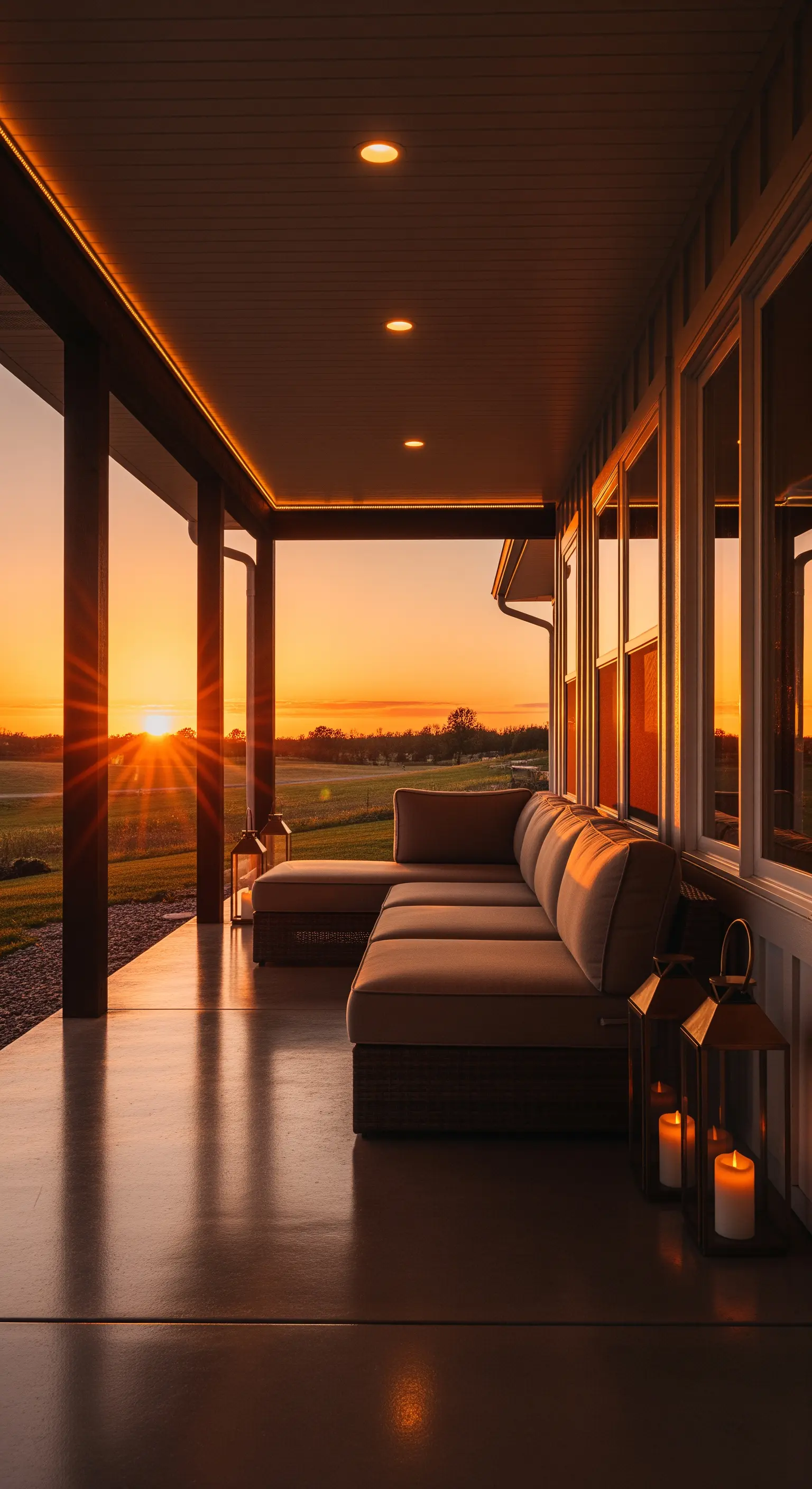 Portico con pavimento lucido che riflette il tramonto, divano e lanterne con candele