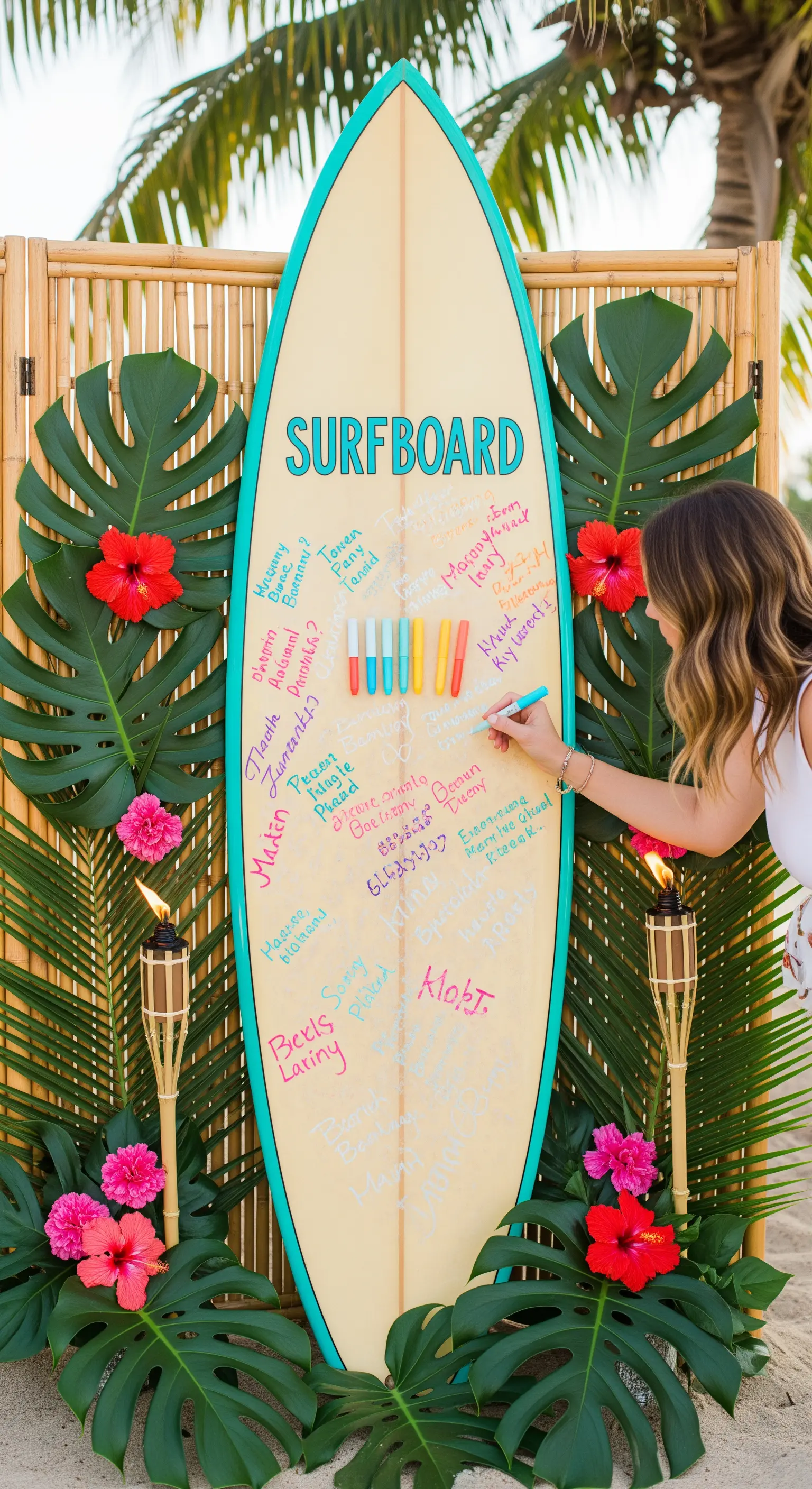 Tavola da surf usata come guestbook per un matrimonio o una festa in spiaggia
