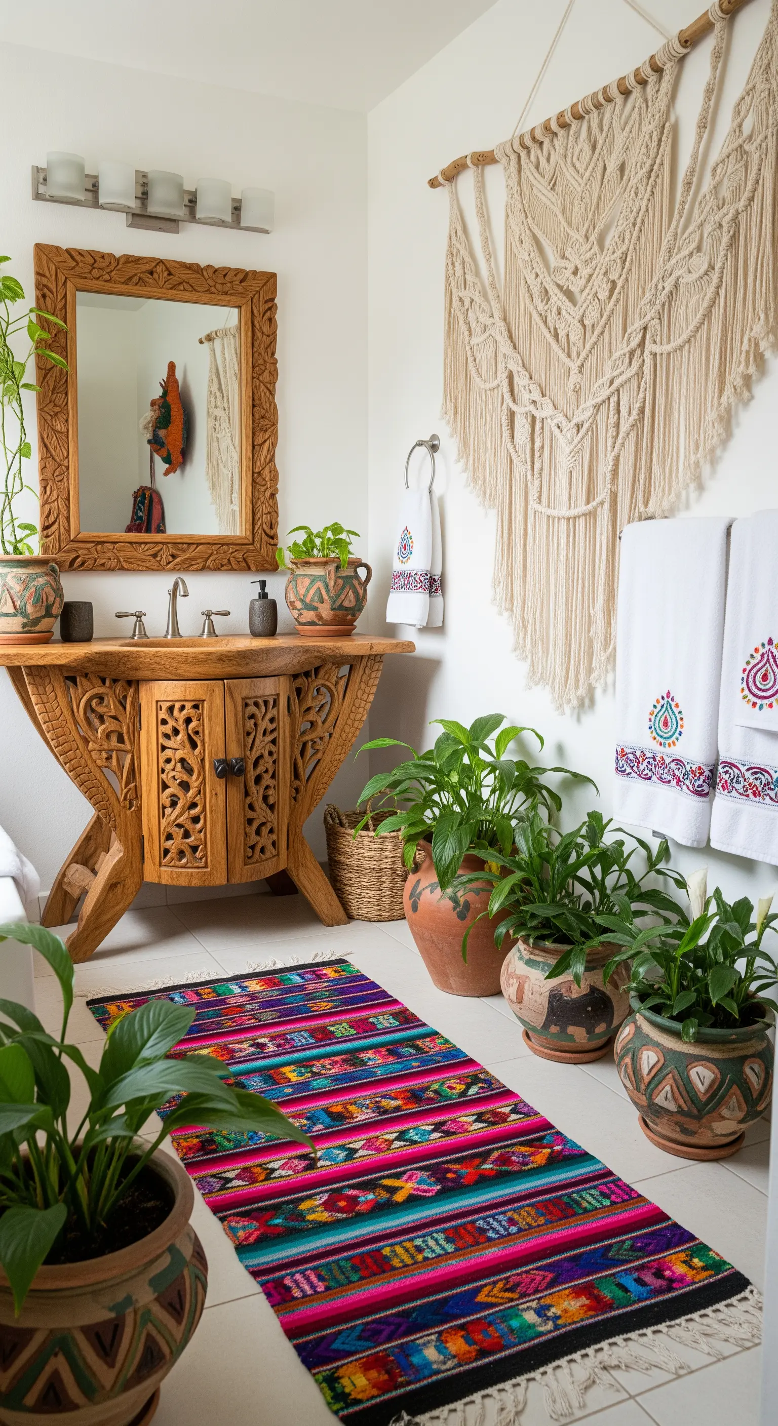 Bagno in stile bohémien con mobile in legno intagliato, arazzo in macramè e tappeto colorato.