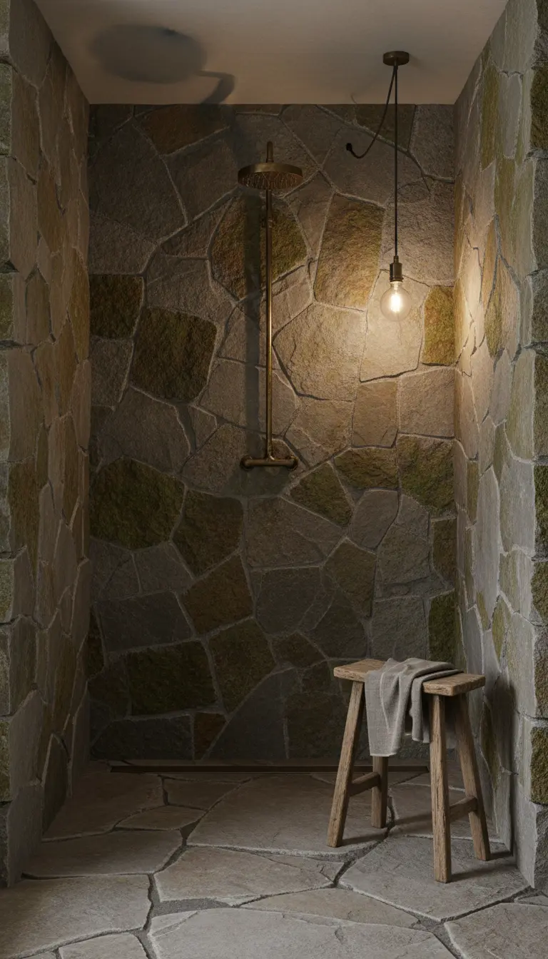 Doccia rustica con pareti in pietra irregolare e una lampadina a sospensione come unica fonte di luce.