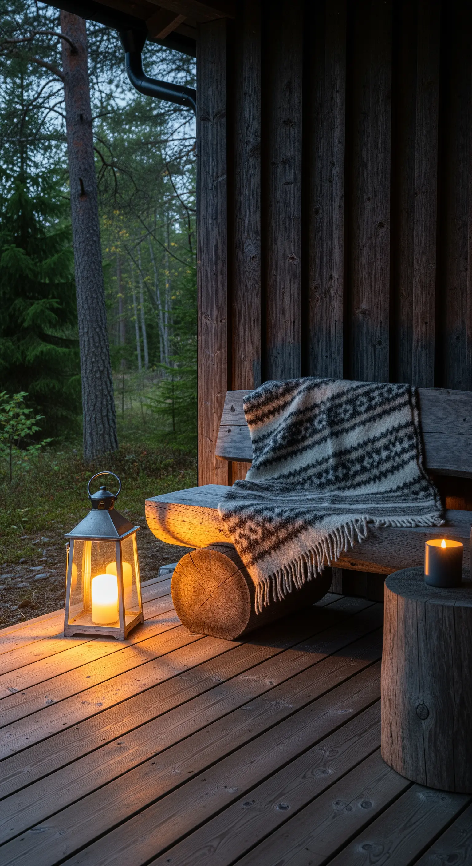 Panca rustica in tronchi di legno su un portico, con una lanterna e un plaid a motivi etnici.