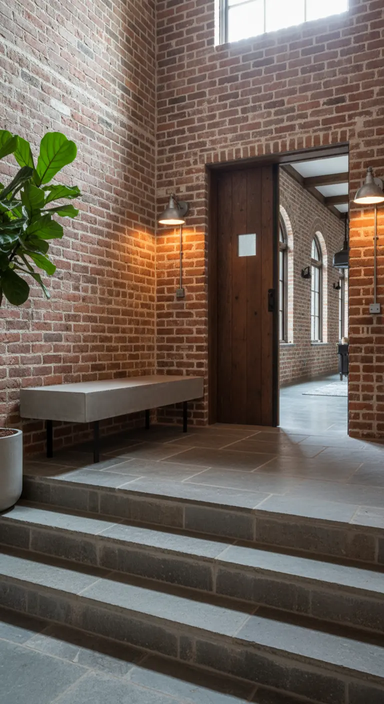 Ingresso con pareti in mattoni, panca in cemento e pavimento in pietra.