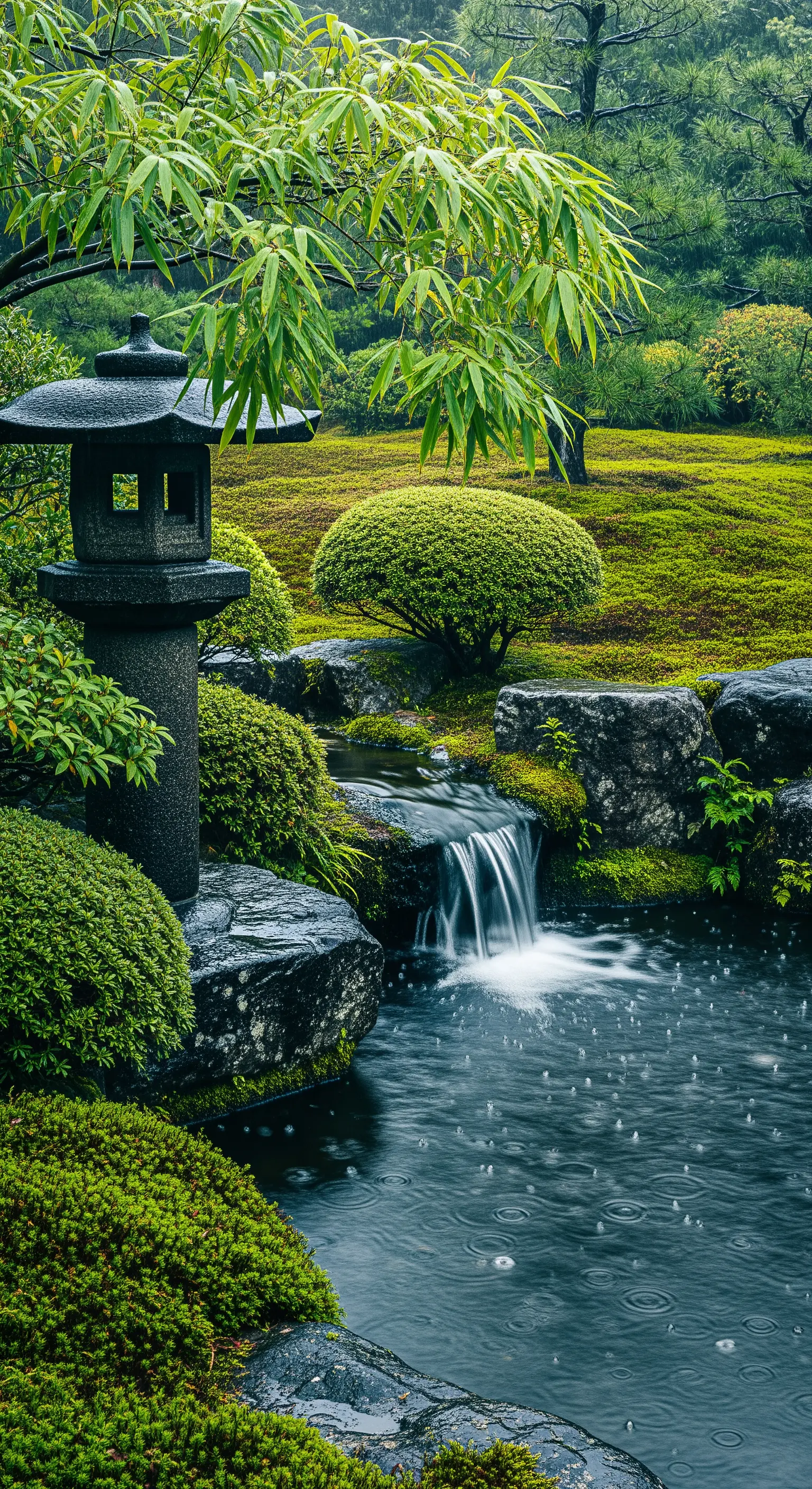 Giardino giapponese lussureggiante sotto la pioggia, con ruscello e lanterna in pietra.