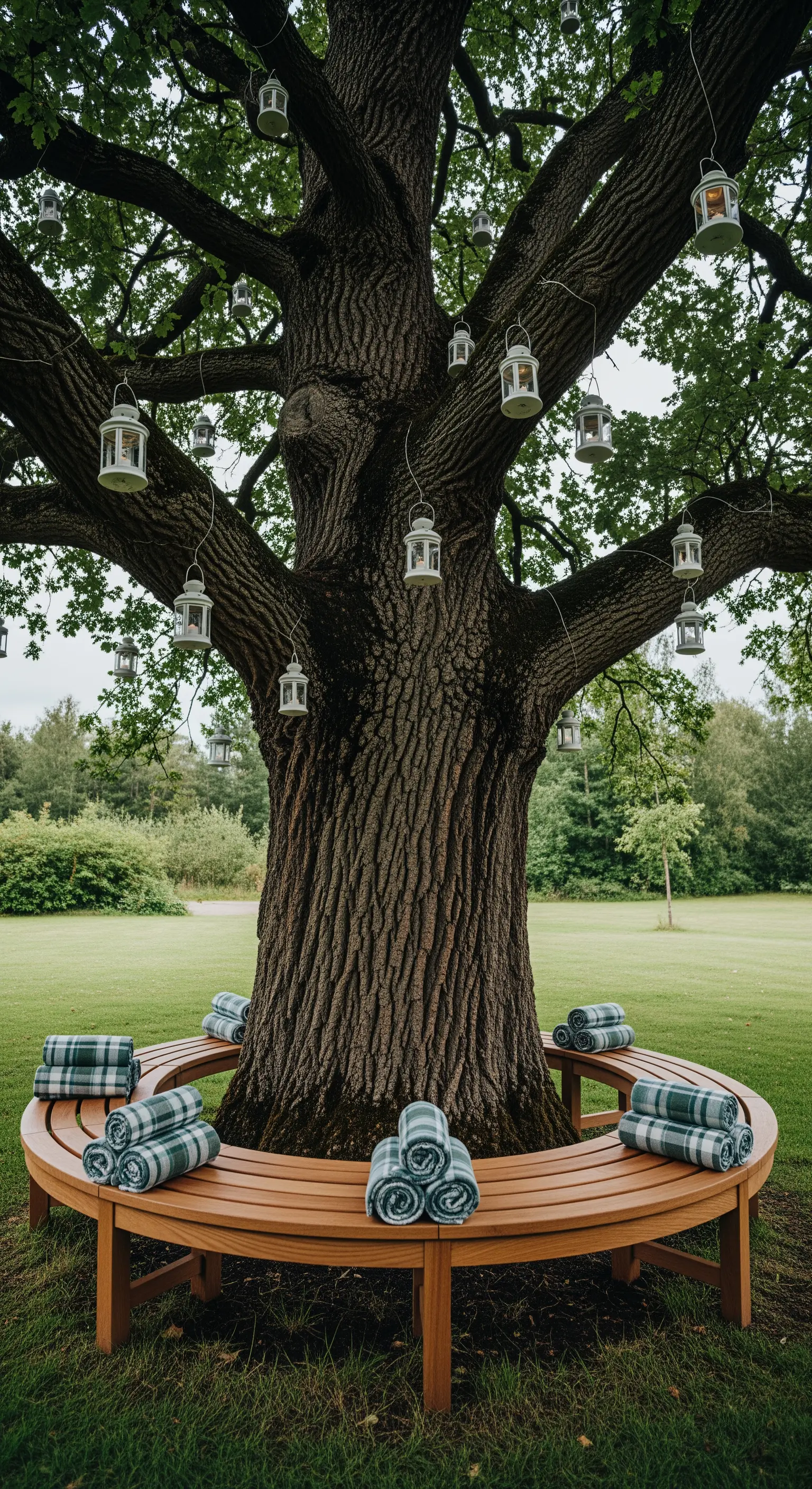 Grande albero con una panca circolare in legno alla base e lanterne appese ai rami.