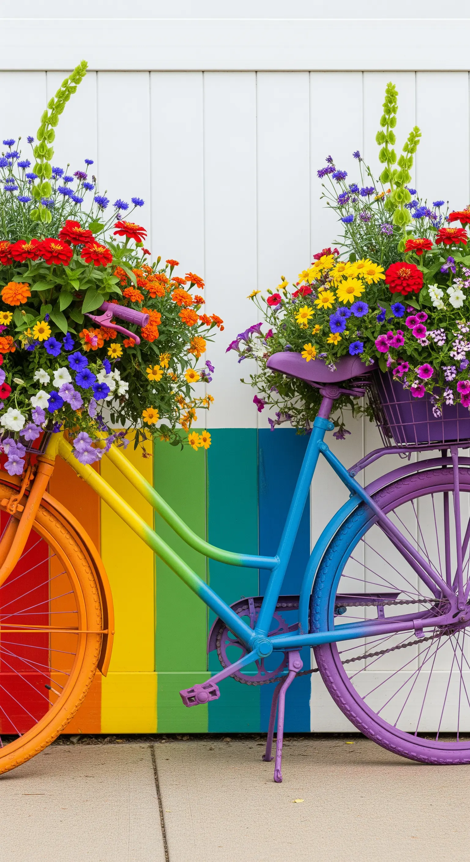 Bicicletta dipinta con i colori dell'arcobaleno e piena di fiori multicolori, simbolo di orgoglio.
