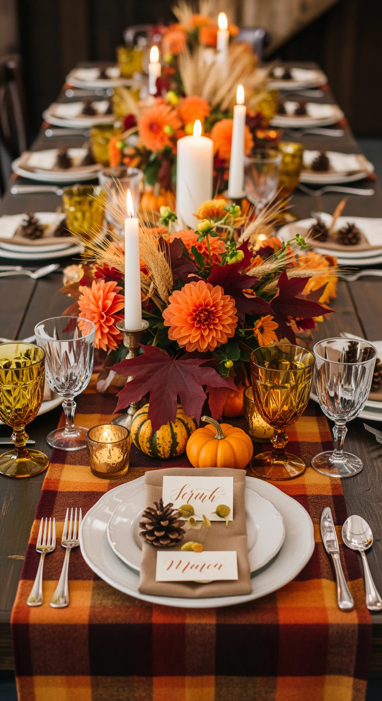 Tavola autunnale con runner scozzese, zucche, pigne e dalie arancioni.